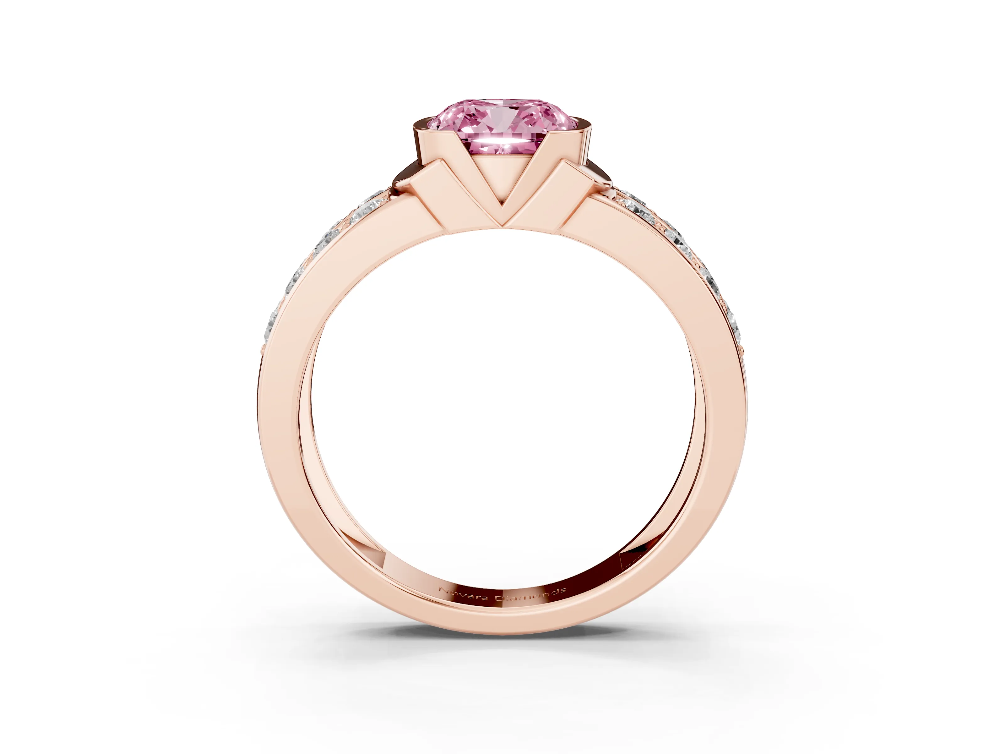 Fancy Pink Cushion Cut Diamond Wide Channel Set Band Ring Set in Rose gold with Bezel Setting