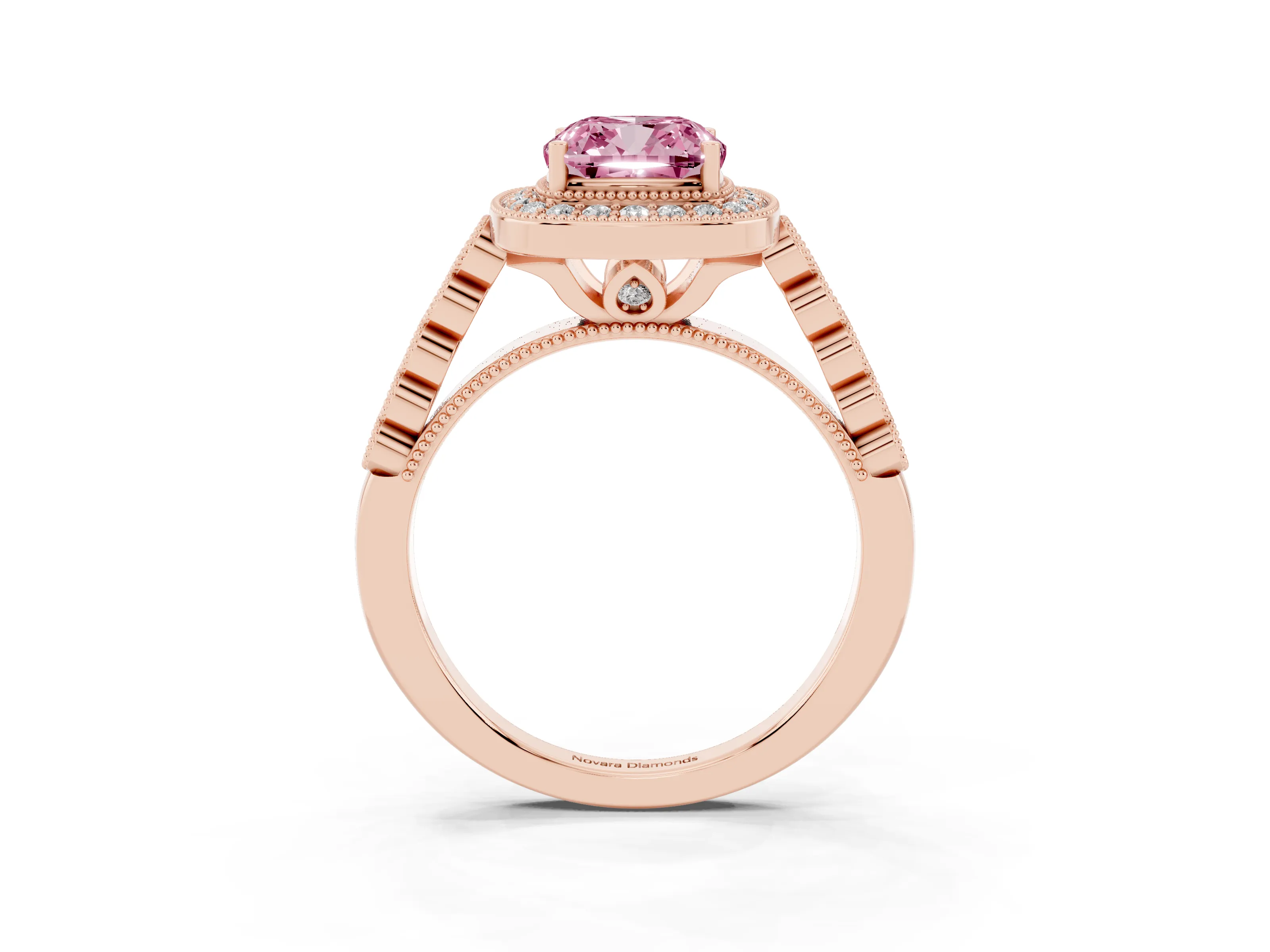Fancy Pink Cushion Cut Diamond Milgrain Halo Solitaire Ring Set in Rose gold with Bezel Set Side Stones and Pavé Band