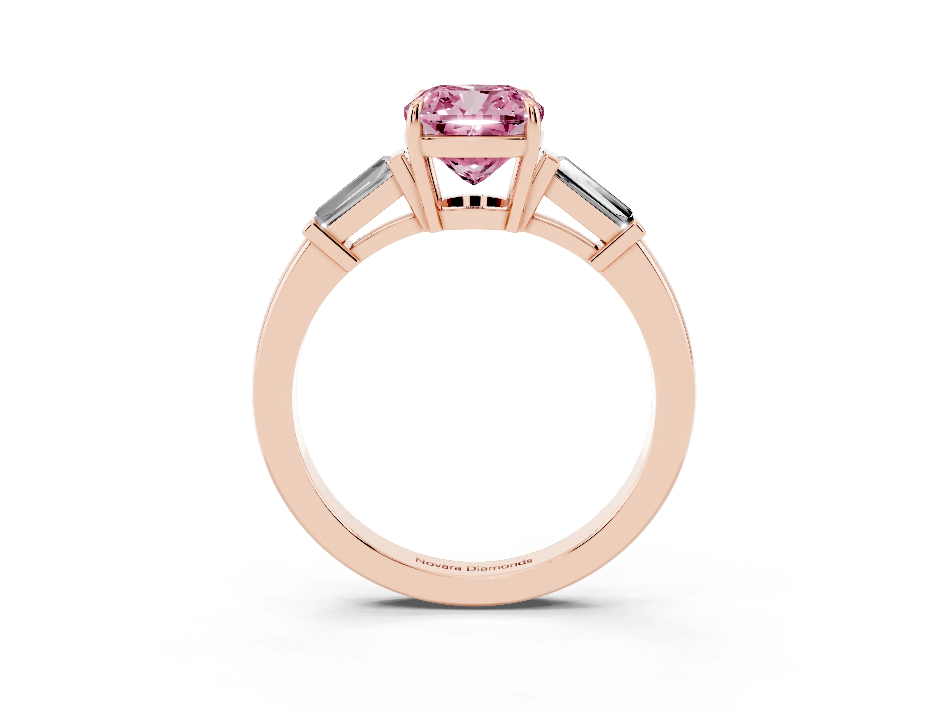 Fancy Pink Cushion Cut Diamond Three-Stone Ring Set in Rose gold with Tapered Baguette Side Stones and Prong Setting