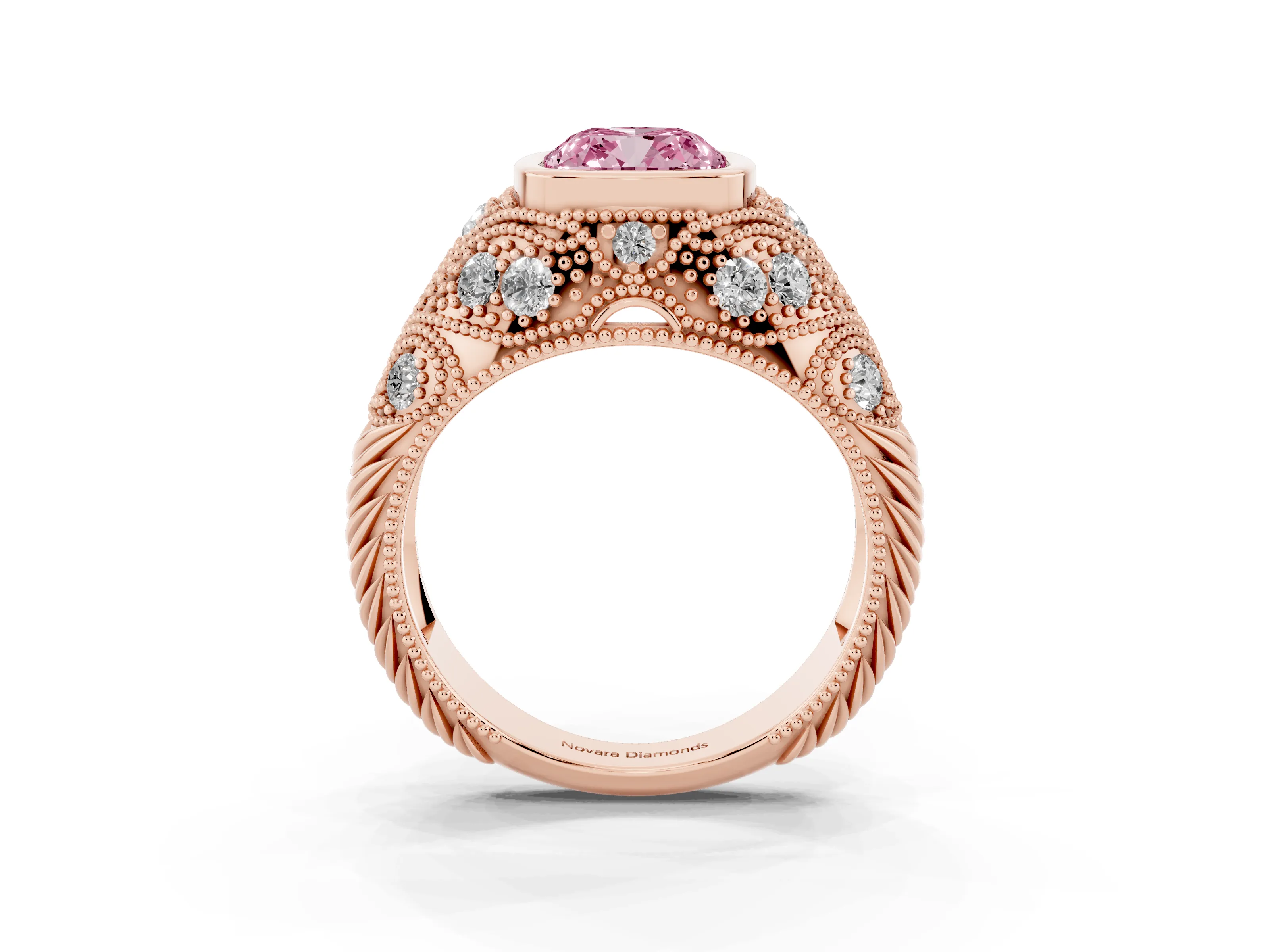 Fancy Pink Cushion Cut Diamond Bezel Ring Set in Rose gold with Milgrain Accent Band