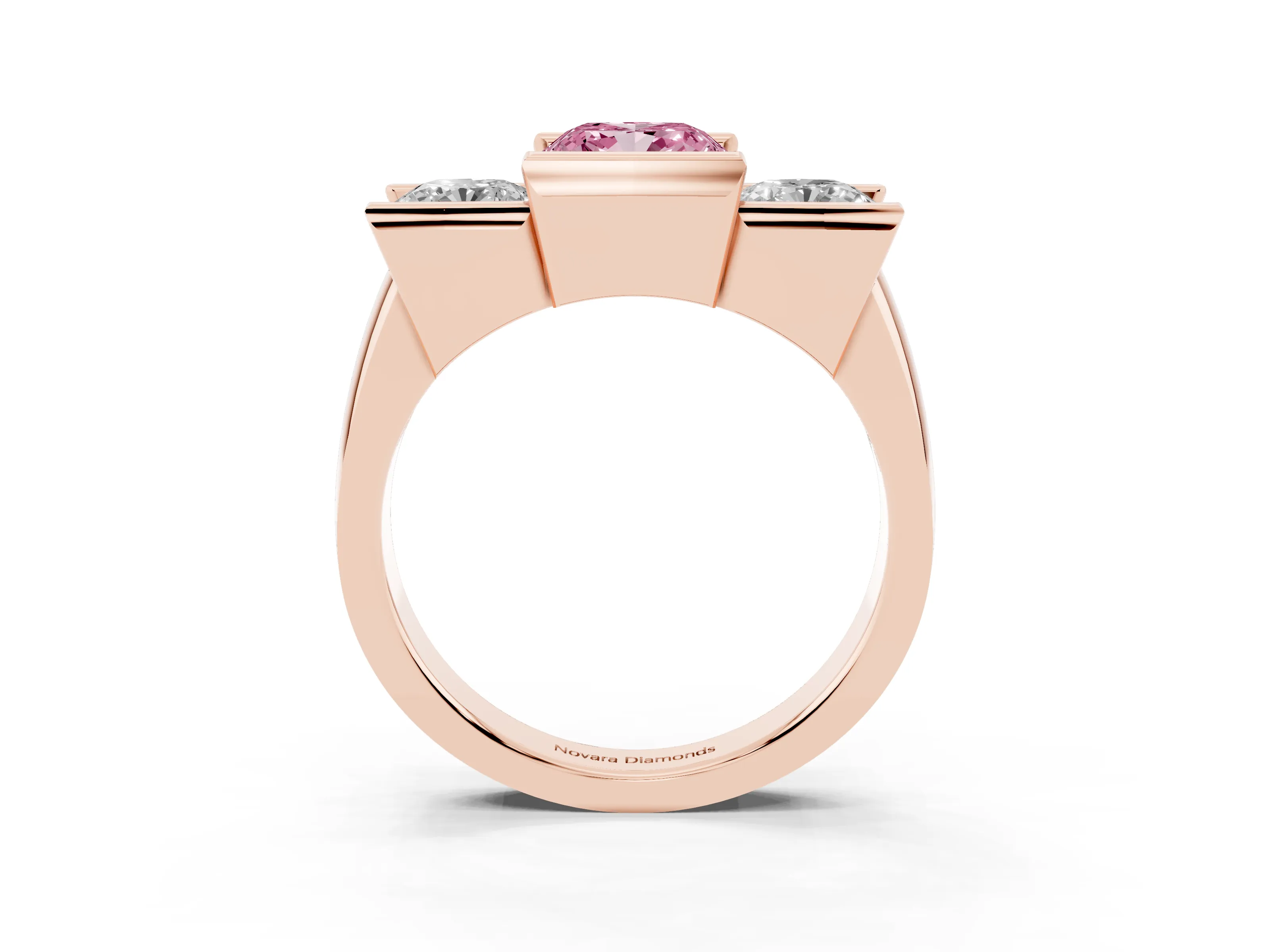 Fancy Pink Cushion Cut Diamond Three-Stone Channel Set Ring Set in Rose gold with Smooth Polished Band