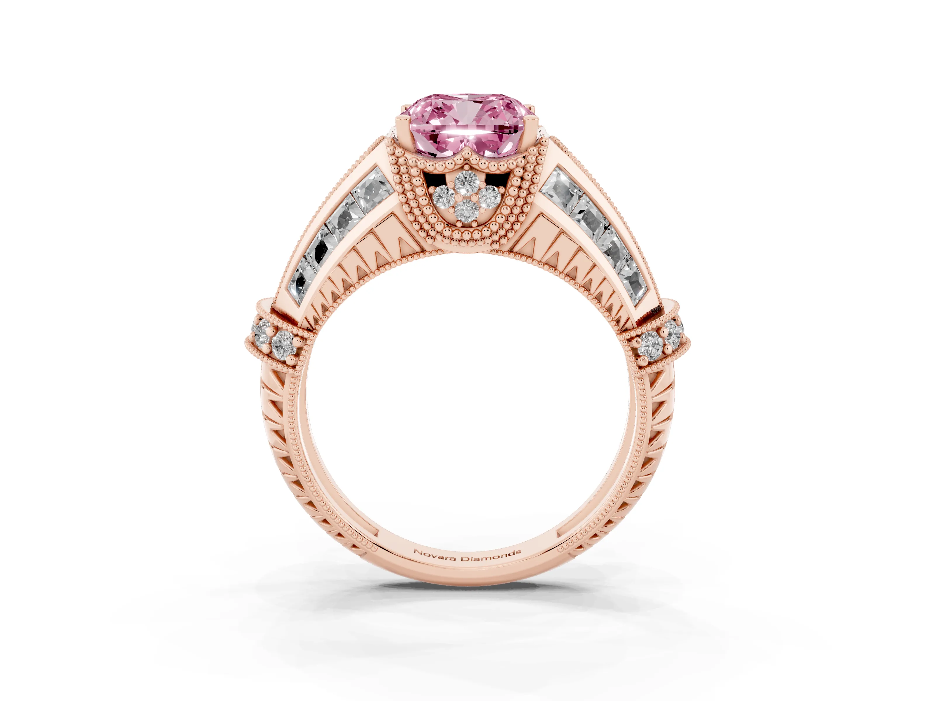 Fancy Pink Cushion Cut Diamond Vintage-Inspired Milgrain Ring Set in Rose gold with Accent Split Shank