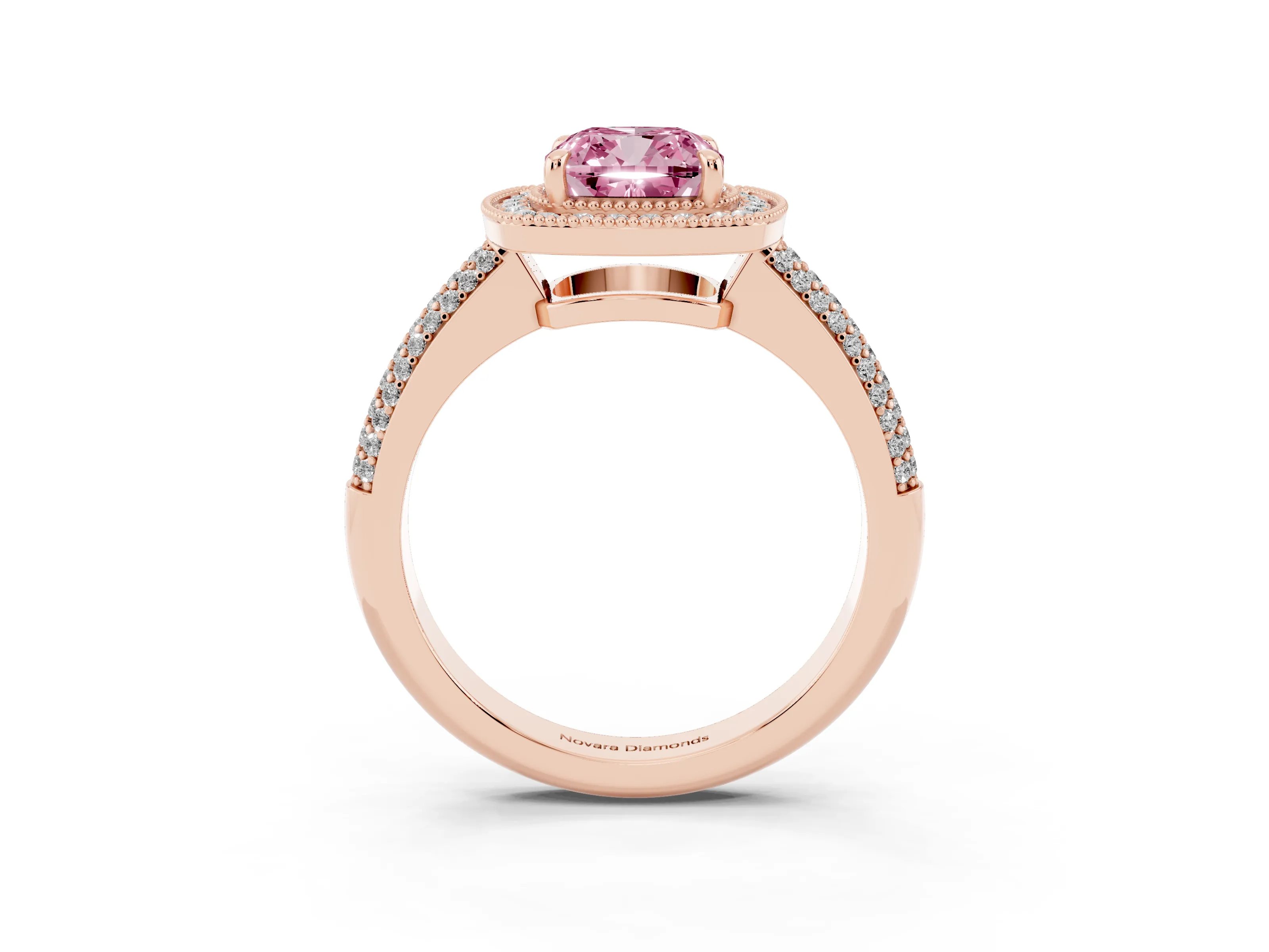 Fancy Pink Cushion Cut Diamond Halo Pavé Band Set in Rose gold with Prong Setting