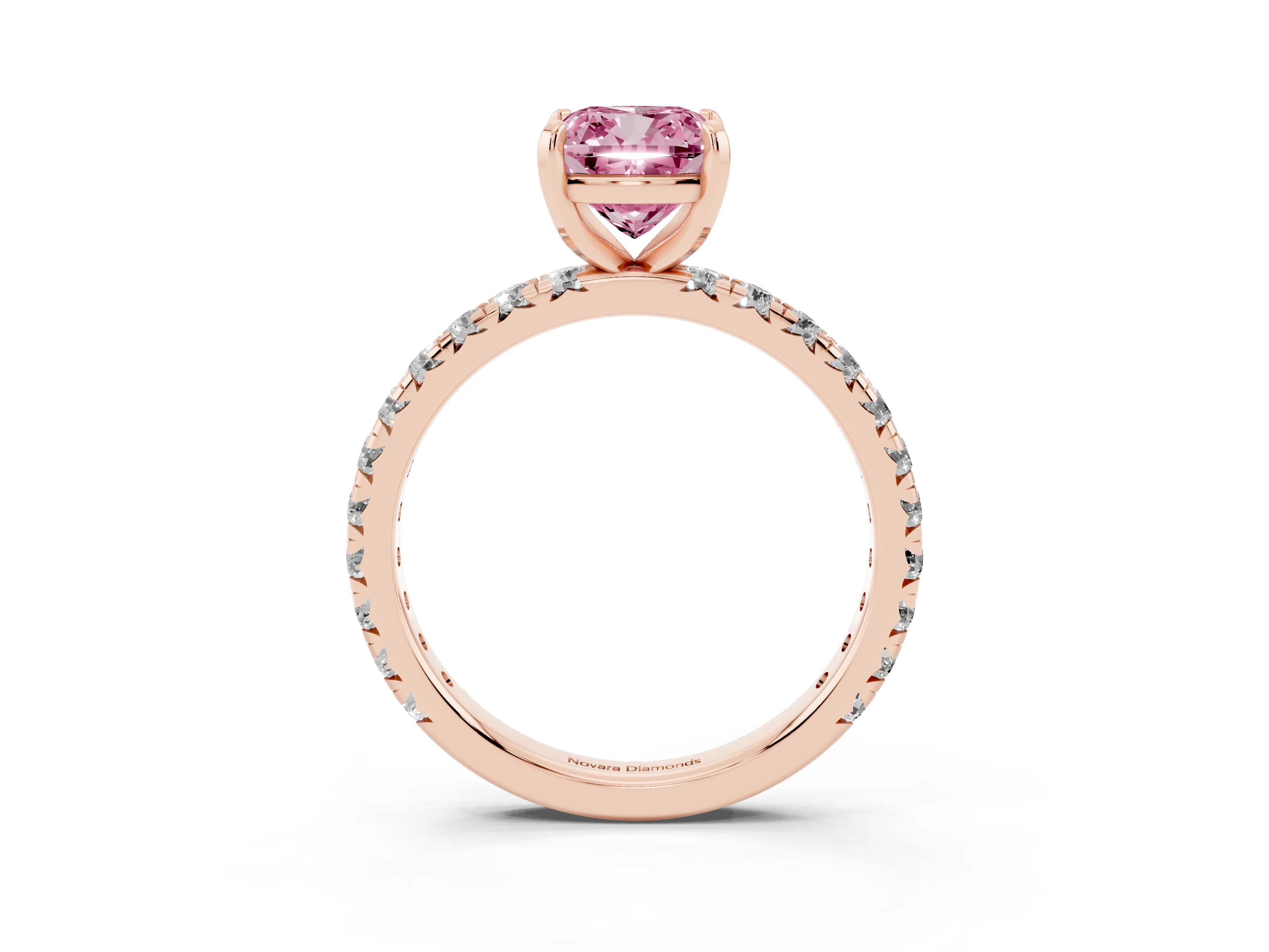 Fancy Pink Cushion Cut Diamond Pavé Solitaire Ring Set in Rose gold with Round Band and Prong Setting