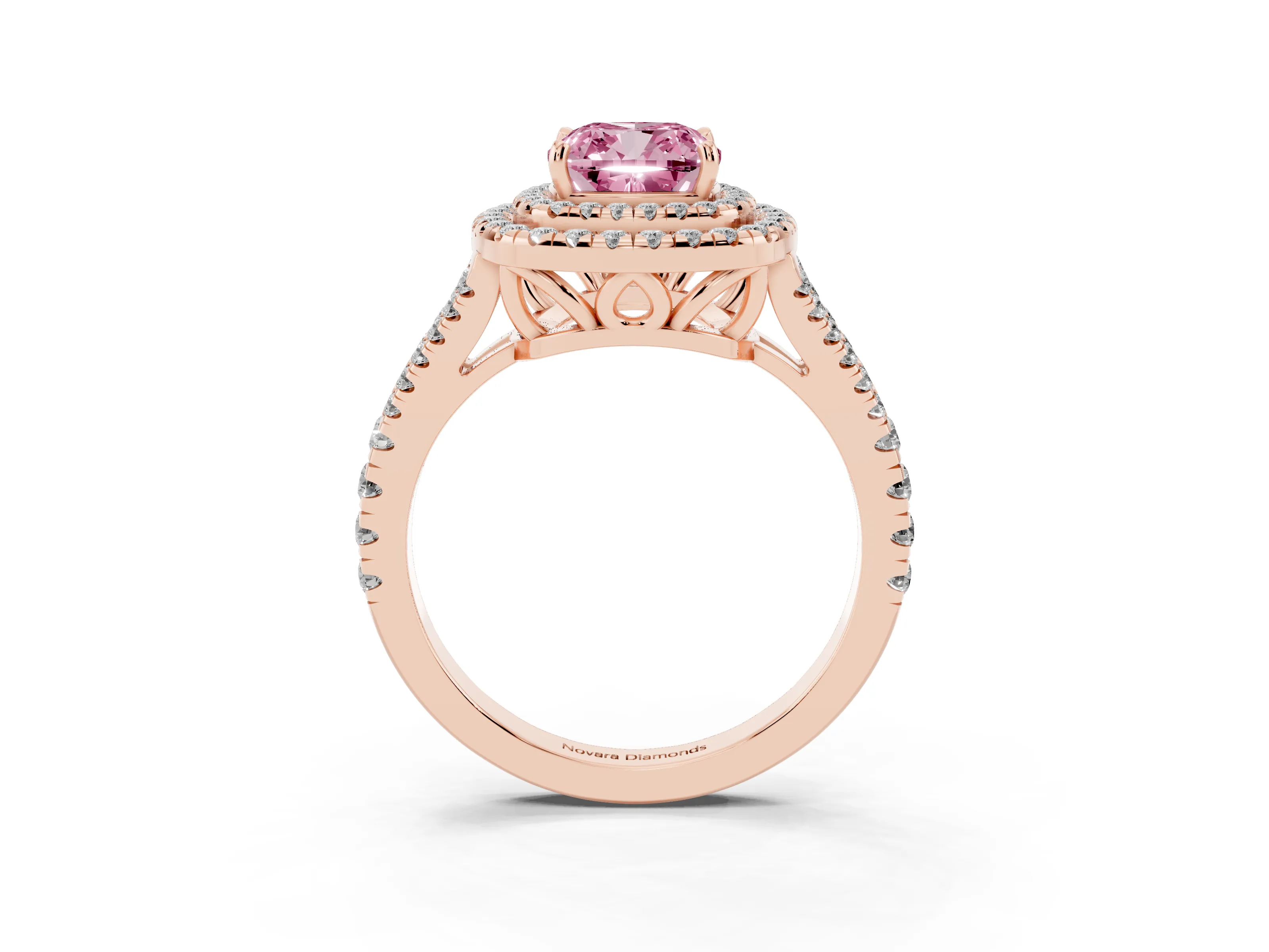 Fancy Pink Cushion Cut Diamond Double Halo Ring Set in Rose gold with Pavé Band
