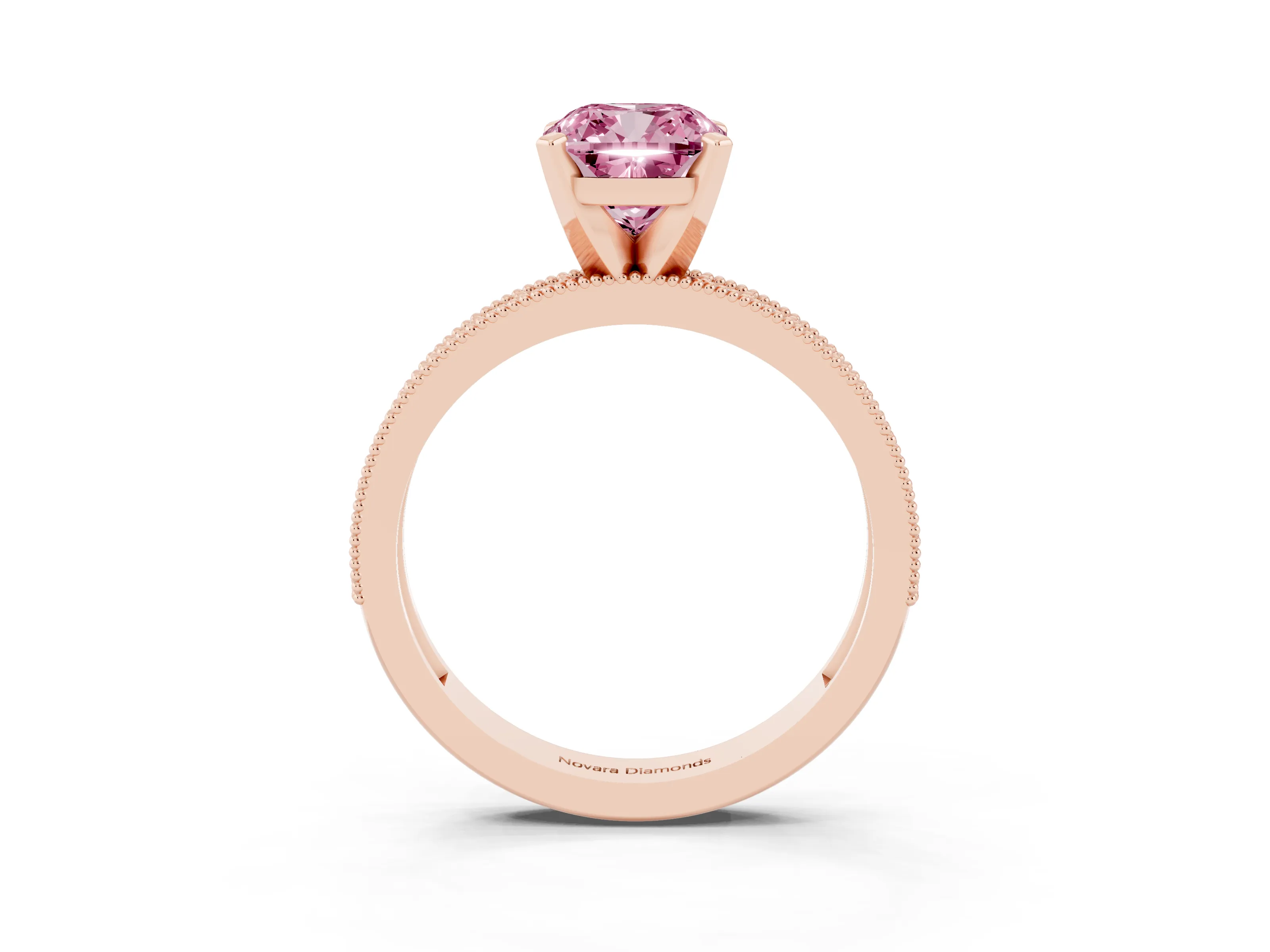 Fancy Pink Cushion Cut Diamond Milgrain Pavé Engagement Ring Set in Rose gold with Prong Setting