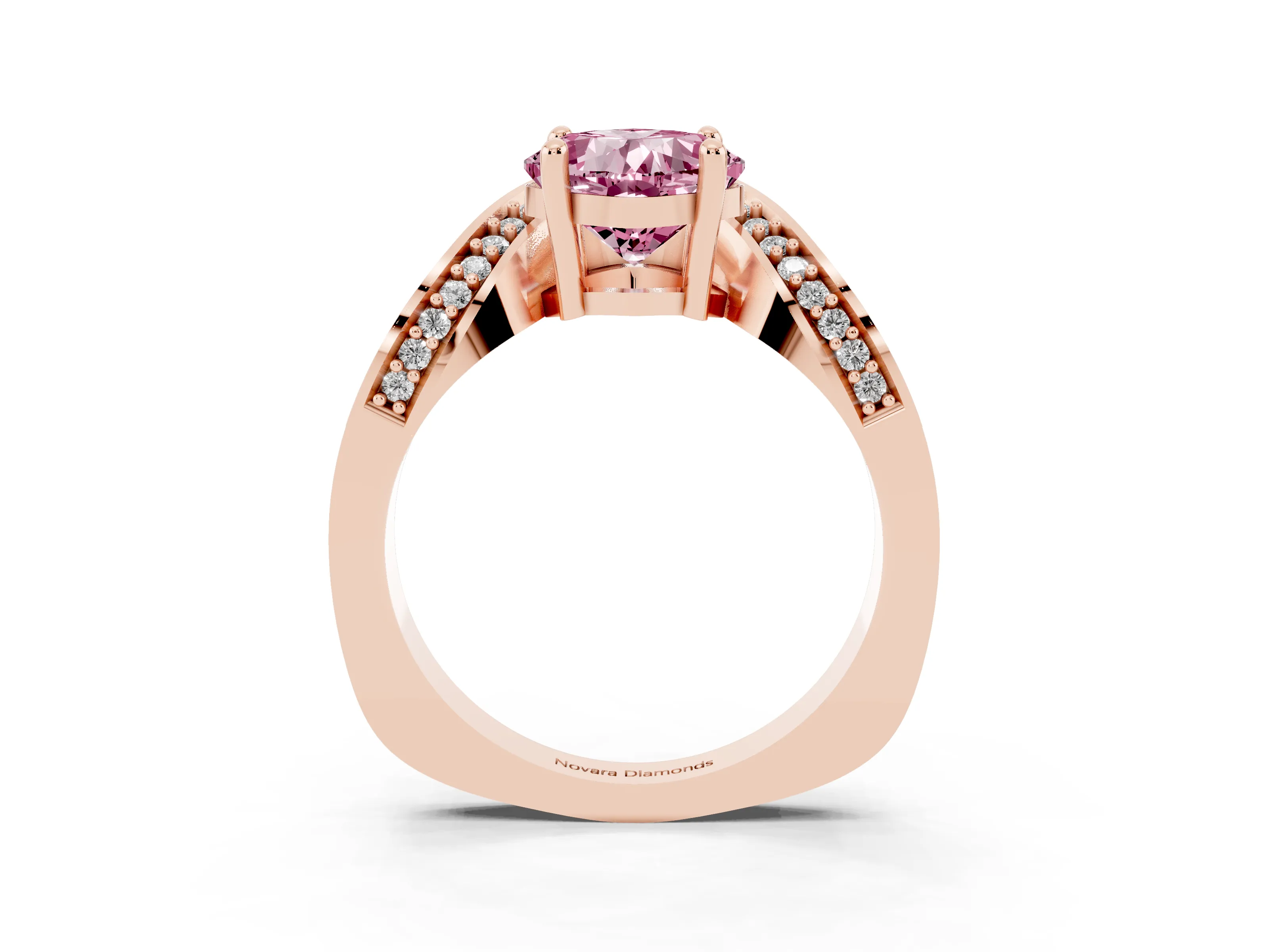 Fancy Pink Cushion Cut Diamond Solitaire Engagement Ring Set in Rose gold with Pavé Shoulders