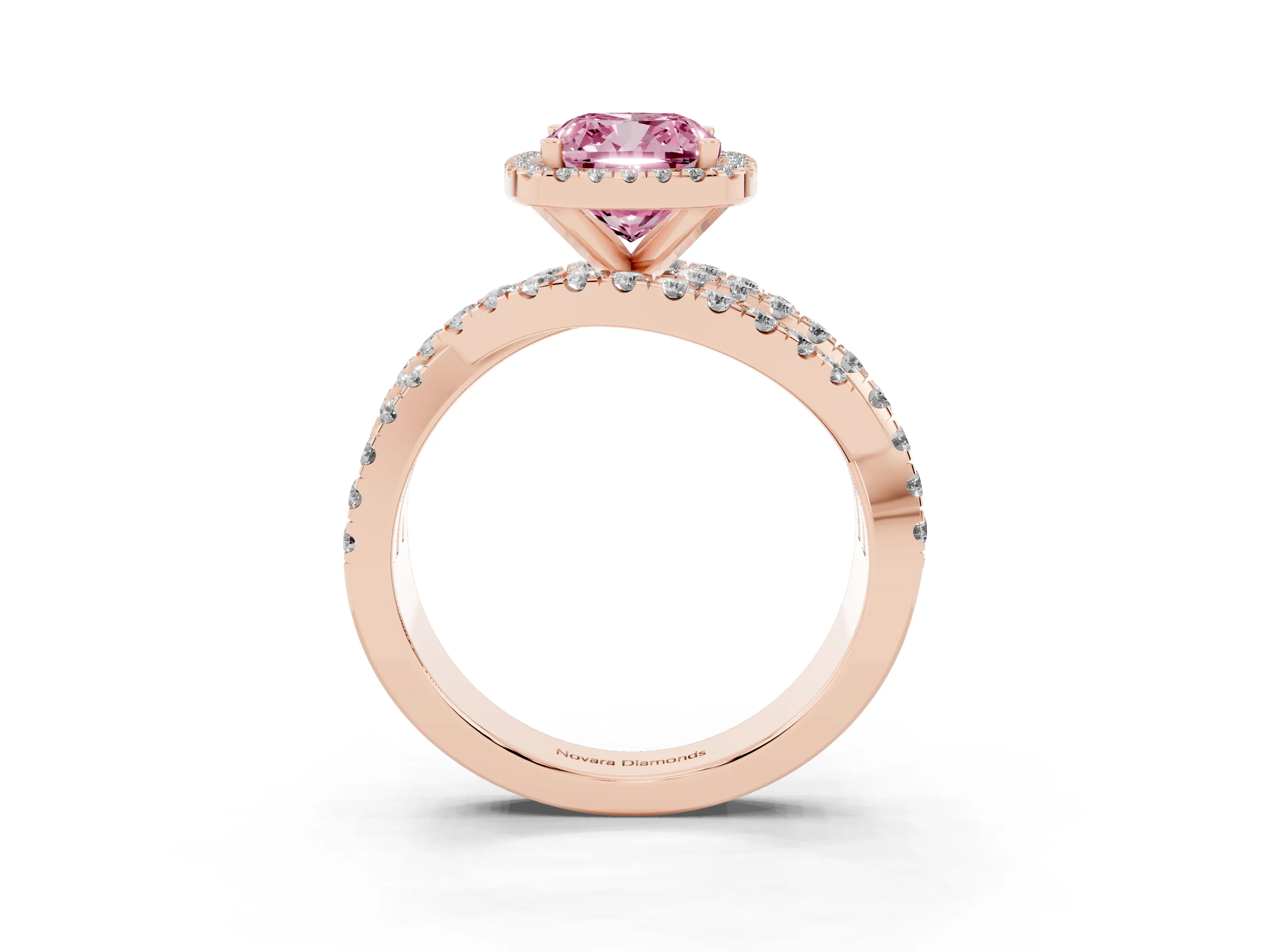 Fancy Pink Cushion Cut Diamond Halo Ring Set in Rose gold with Round Crossover Split Shank and Prong Setting