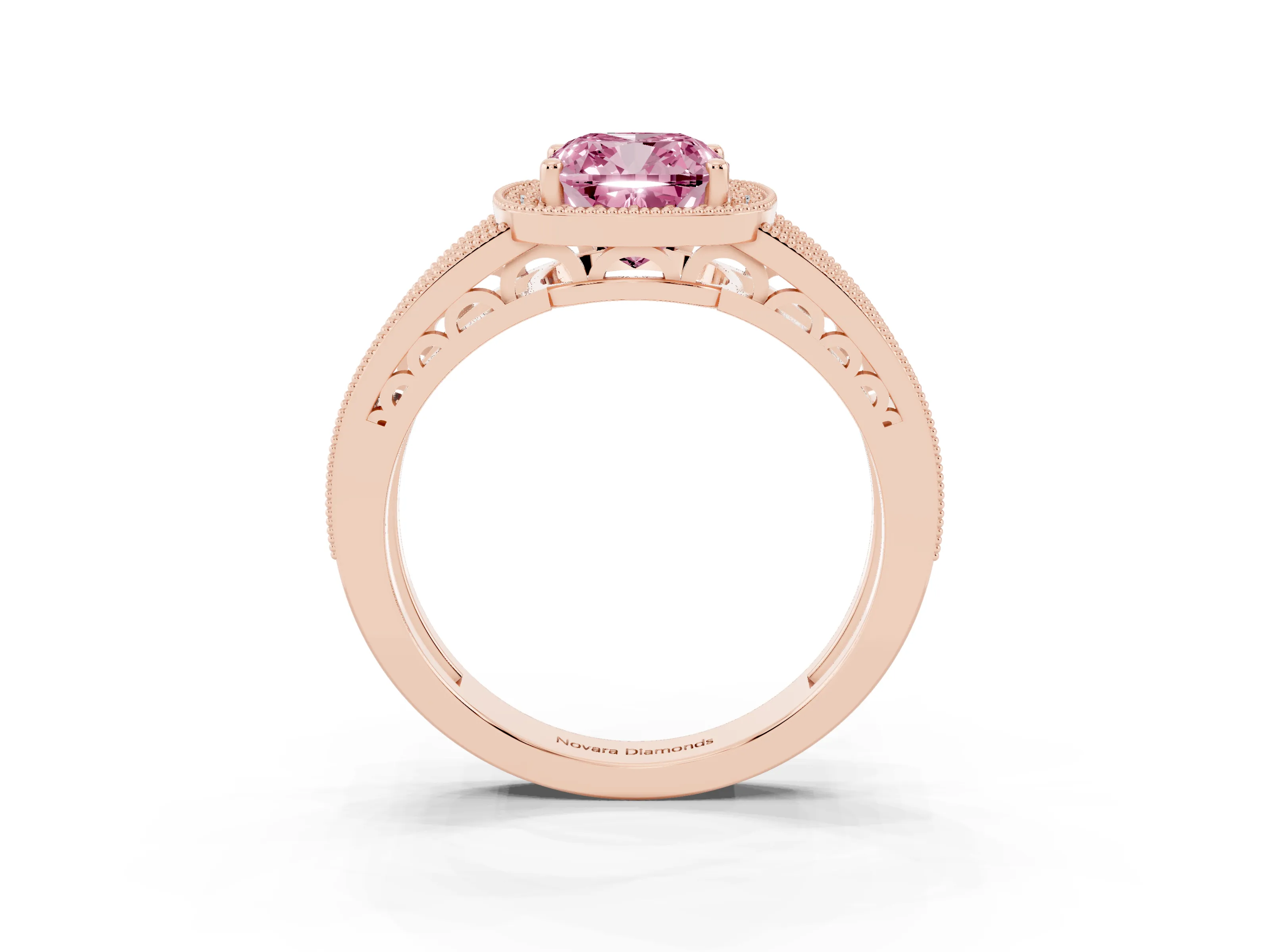 Fancy Pink Cushion Cut Diamond Halo Ring Set in Rose gold with Accent Split Shank and Prong Setting