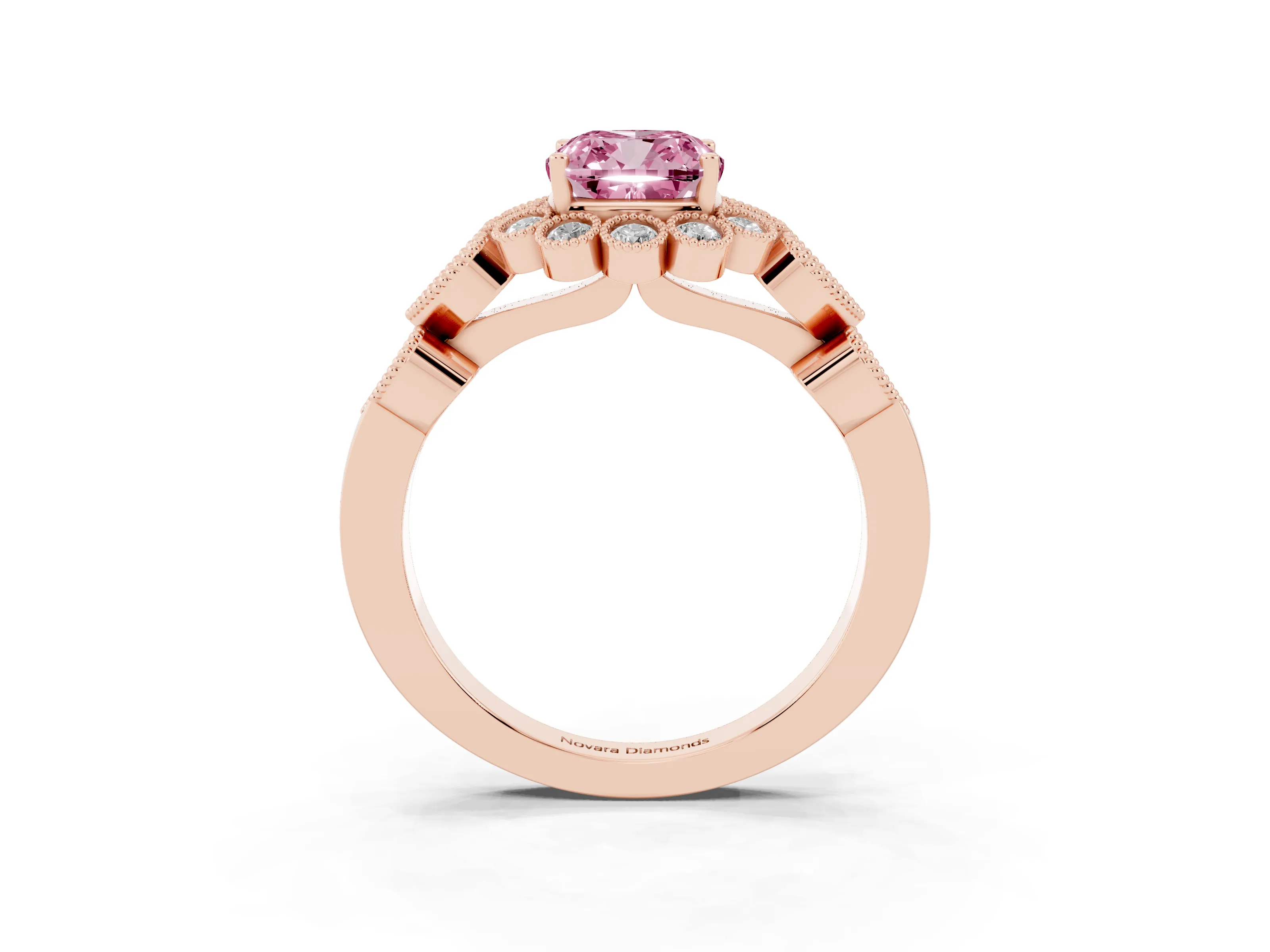 Fancy Pink Cushion Cut Diamond Solitaire Ring Set in Rose gold with Milgrain Pavé Heart Band