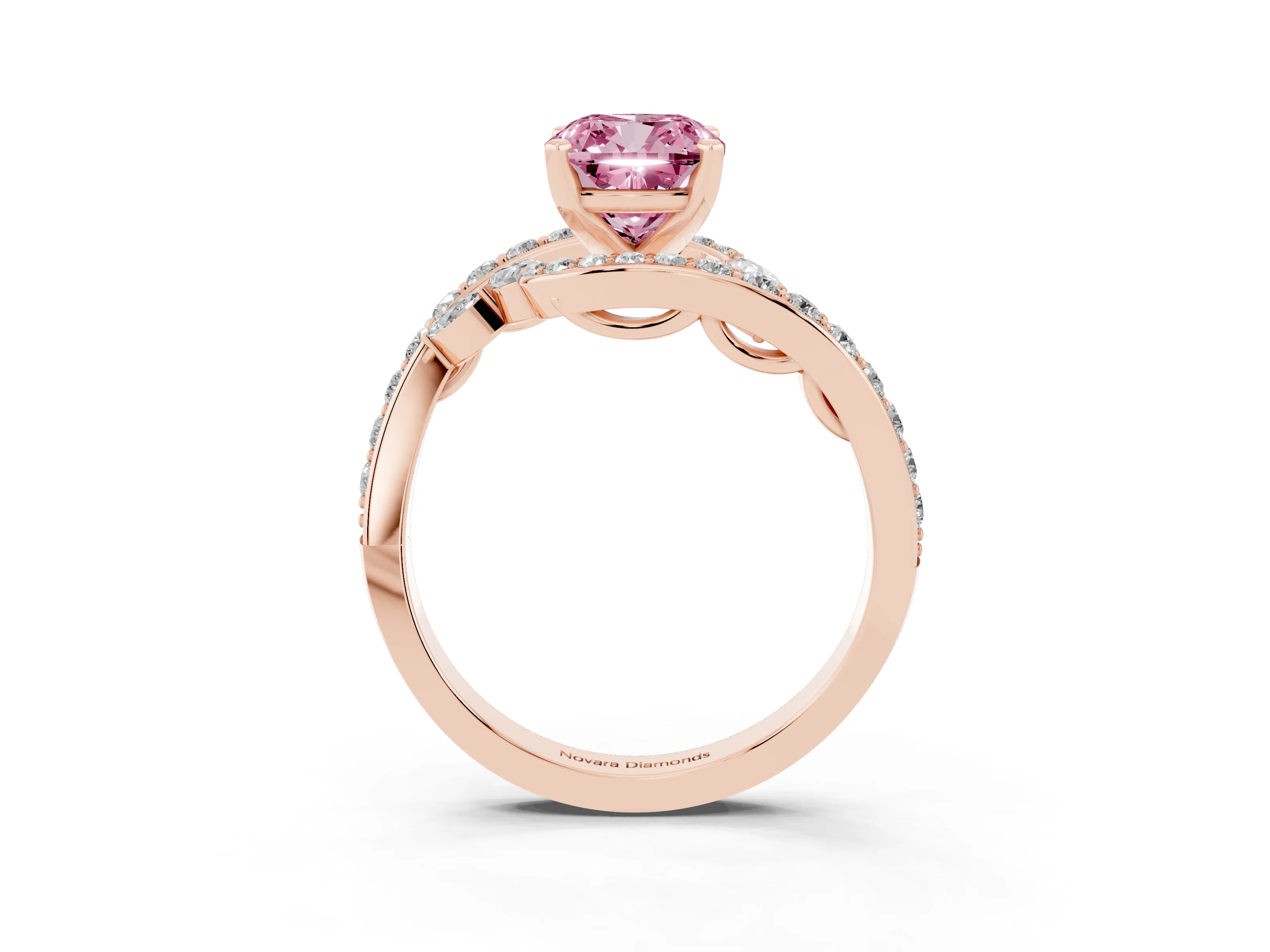 Fancy Pink Cushion Cut Diamond Solitaire Ring Set in Rose gold with Pavé Twist Band and Secure Prong Setting
