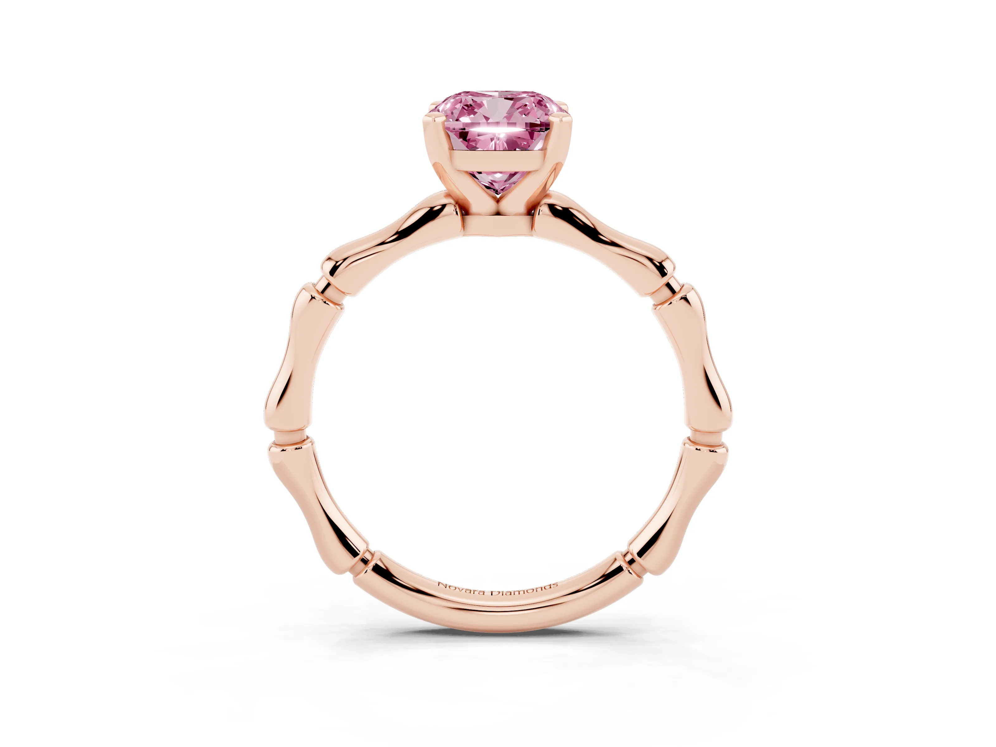 Fancy Pink Cushion Cut Diamond Solitaire Ring Set in Rose gold with Bamboo Band and Prong Setting