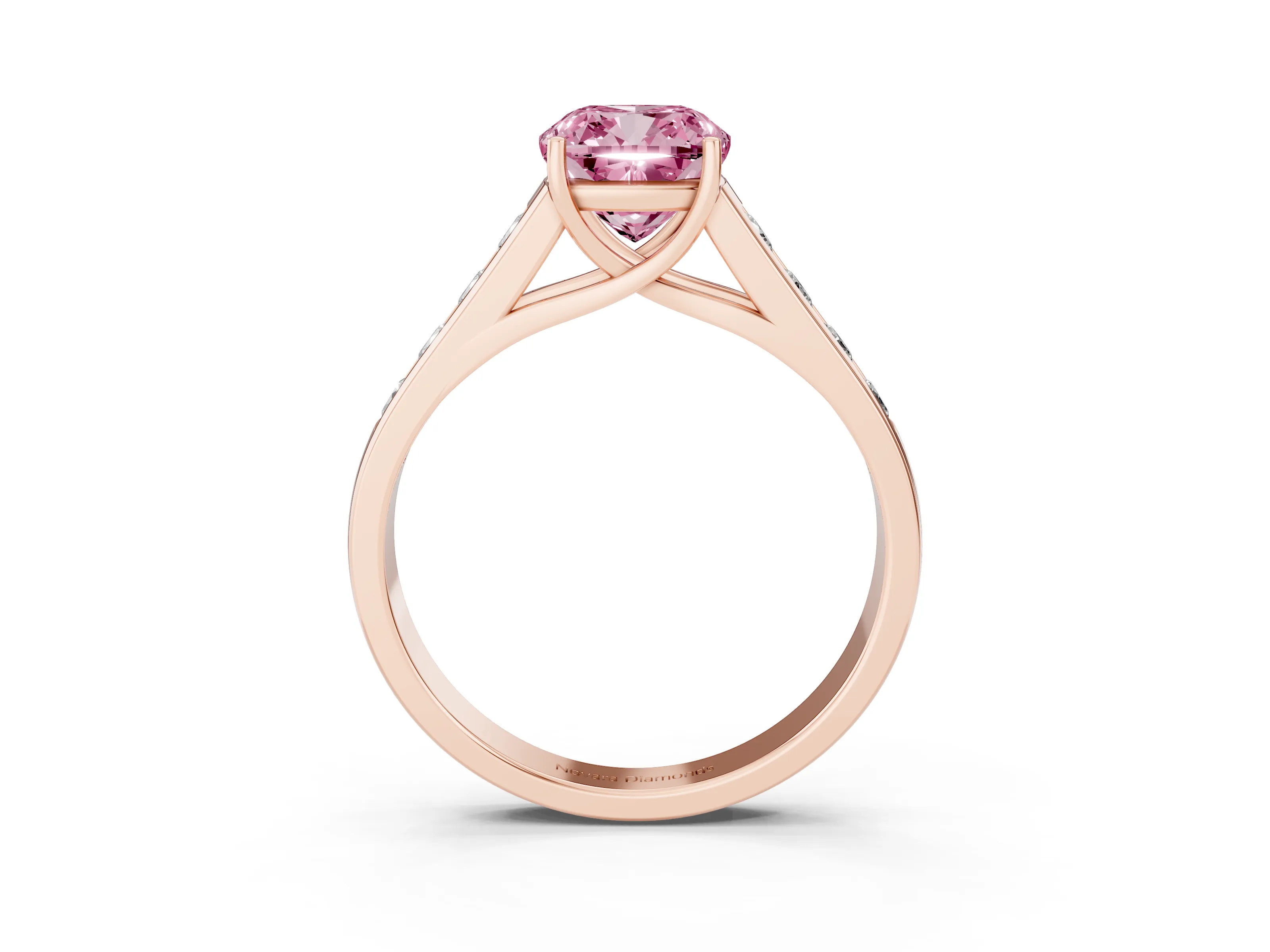 Fancy Pink Cushion Cut Diamond Brilliant Channel-Set Solitaire Ring Set in Rose gold with Prong Setting