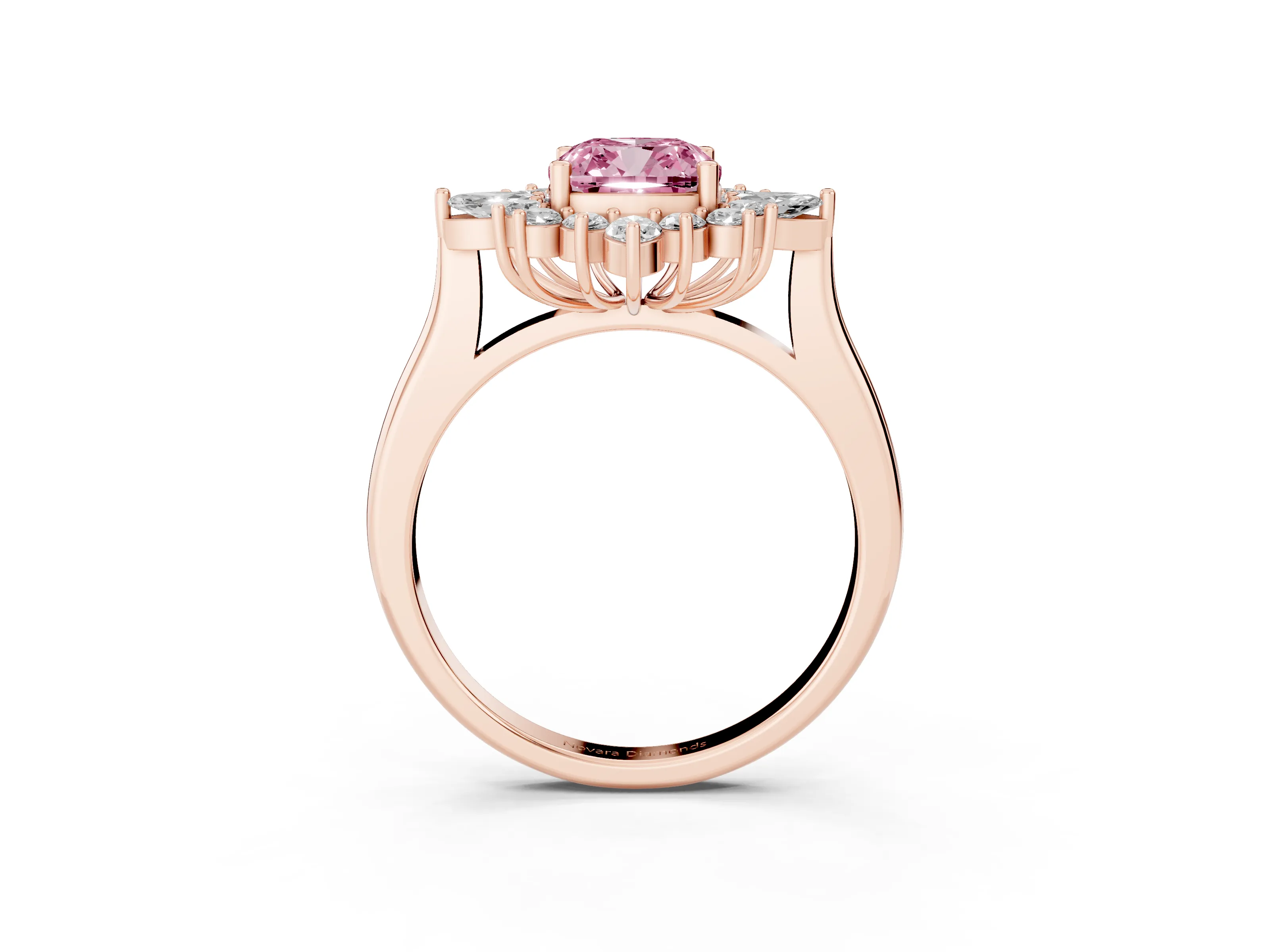 Fancy Pink Cushion Cut Diamond Cluster Halo Ring Set in Rose gold with Marquise and Round Accents