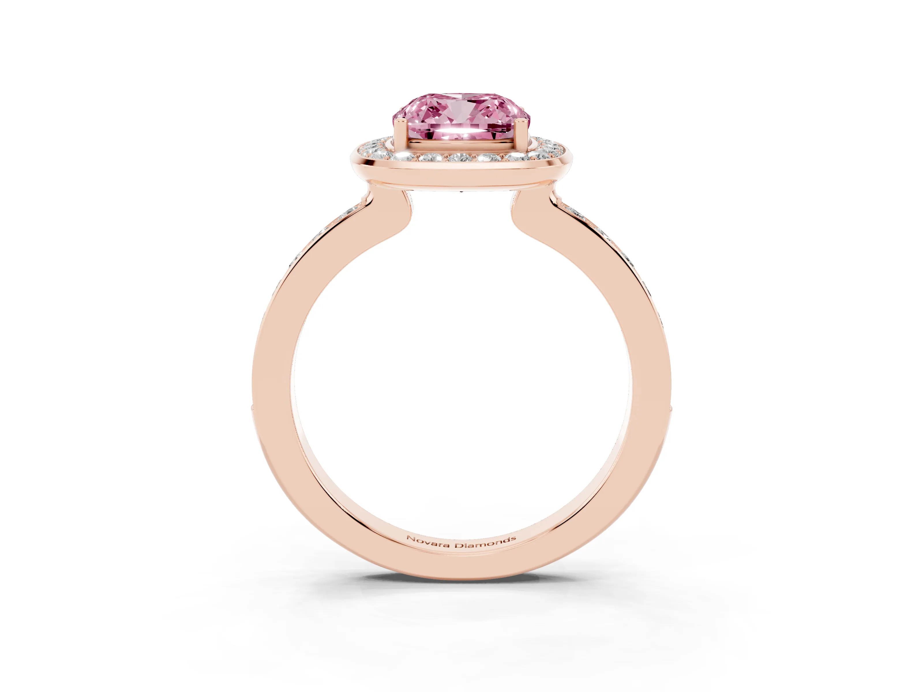 Fancy Pink Cushion Cut Diamond Halo Ring Set in Rose gold with Bezel Frame and Pavé Band