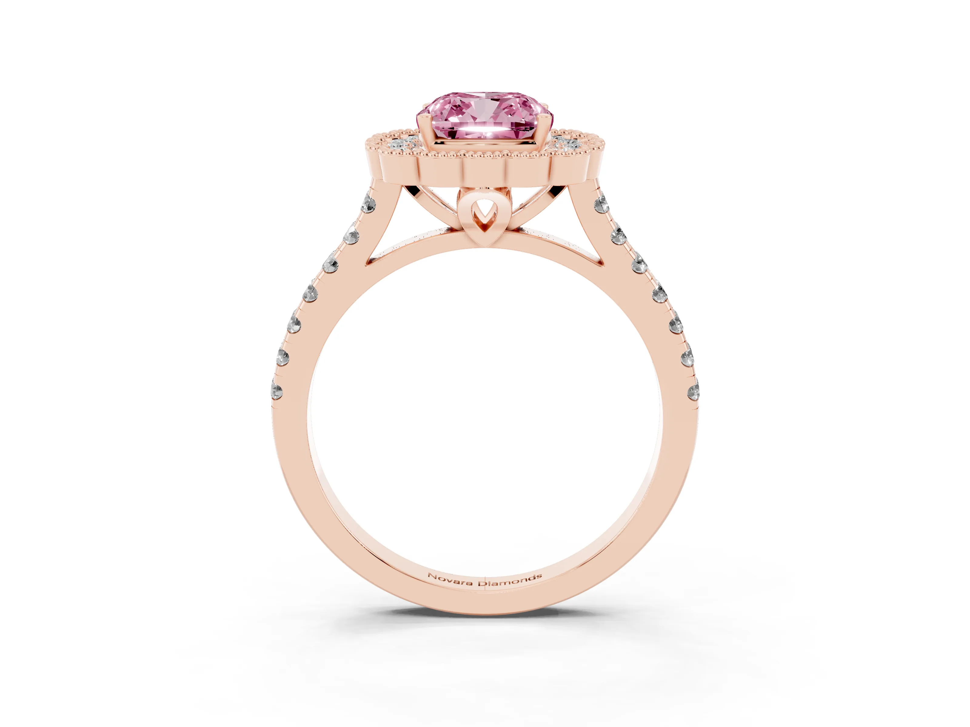 Fancy Pink Cushion Cut Diamond Milgrain Floral Halo Engagement Ring Set in Rose gold with Pavé Band
