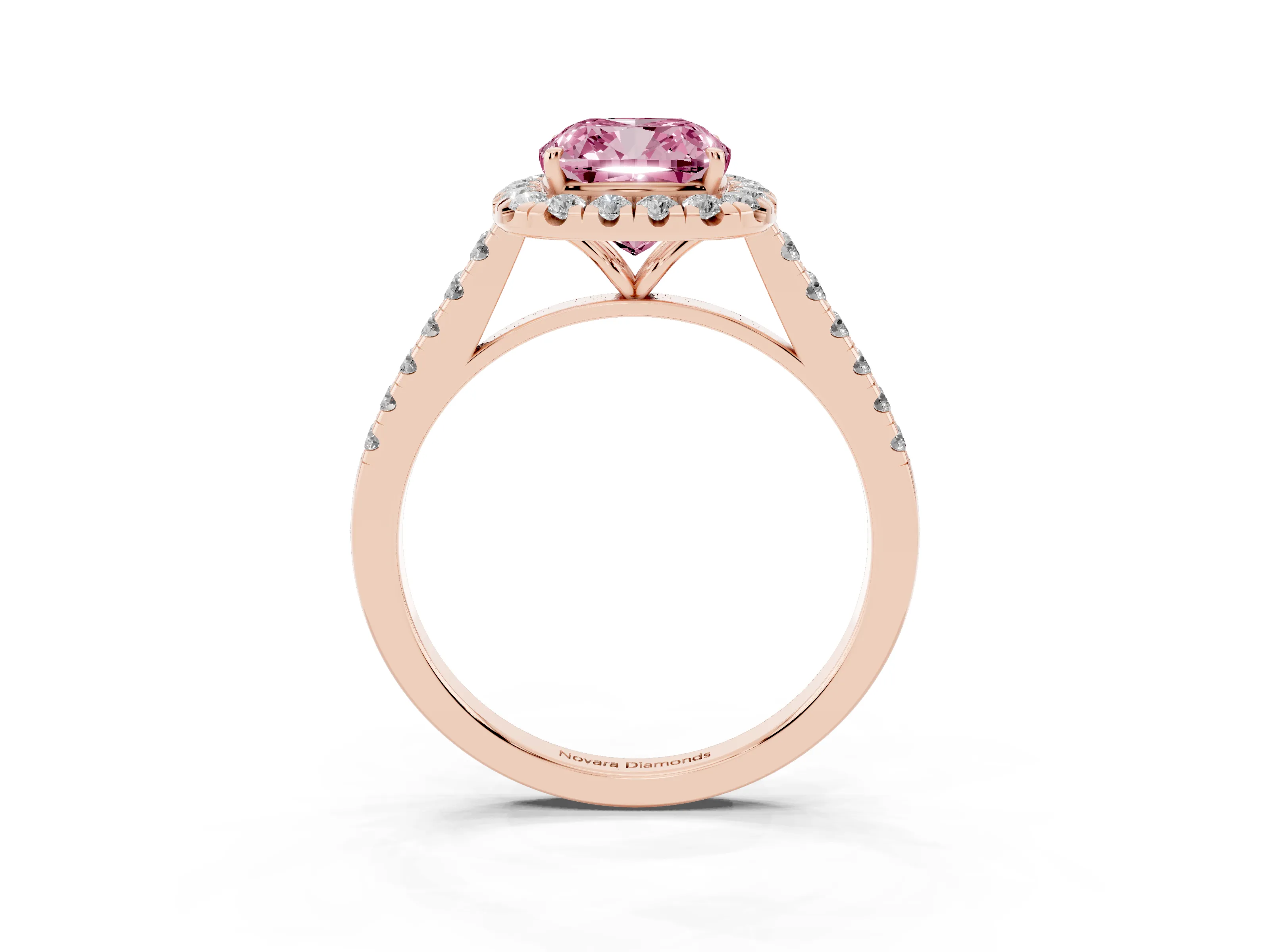 Fancy Pink Cushion Cut Diamond Halo Pavé Engagement Ring Set in Rose gold with Prong Setting