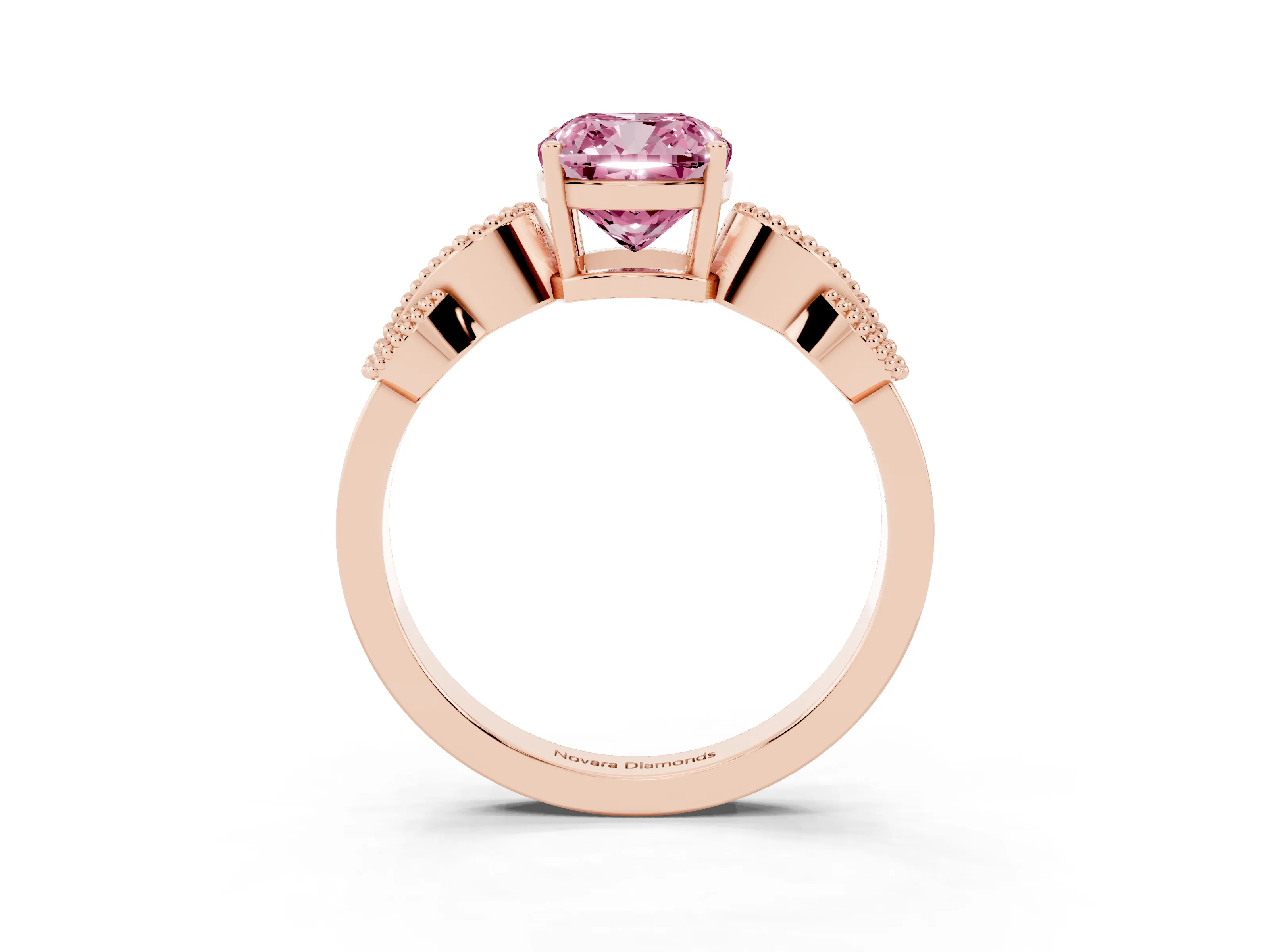 Fancy Pink Cushion Cut Diamond Milgrain Leaf Band Solitaire Ring Set in Rose gold with Accent Stones and Prong Setting