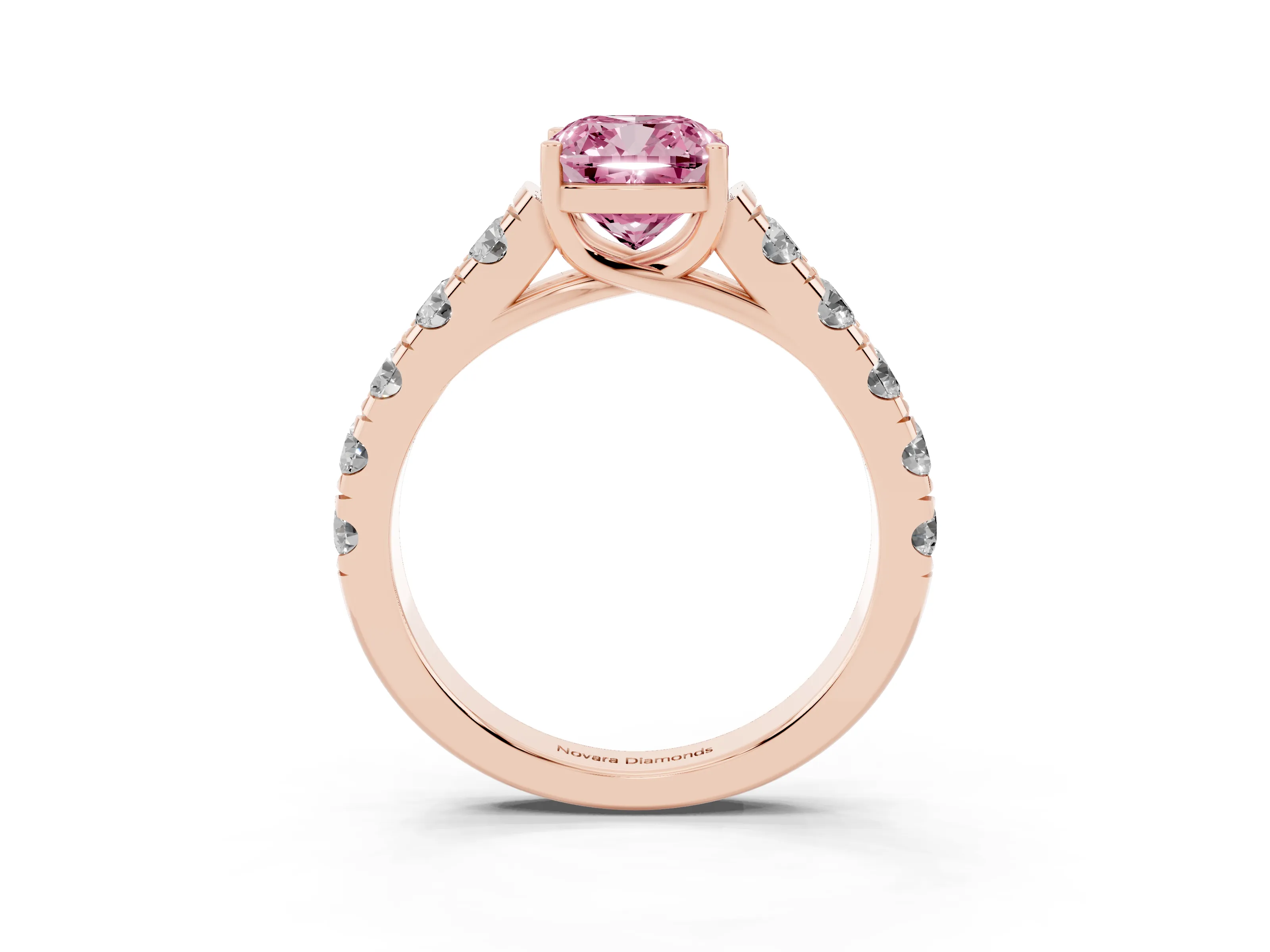 Fancy Pink Cushion Cut Diamond Solitaire Ring Set in Rose gold with Cut-Down Micro Pavé Band and Prong Setting
