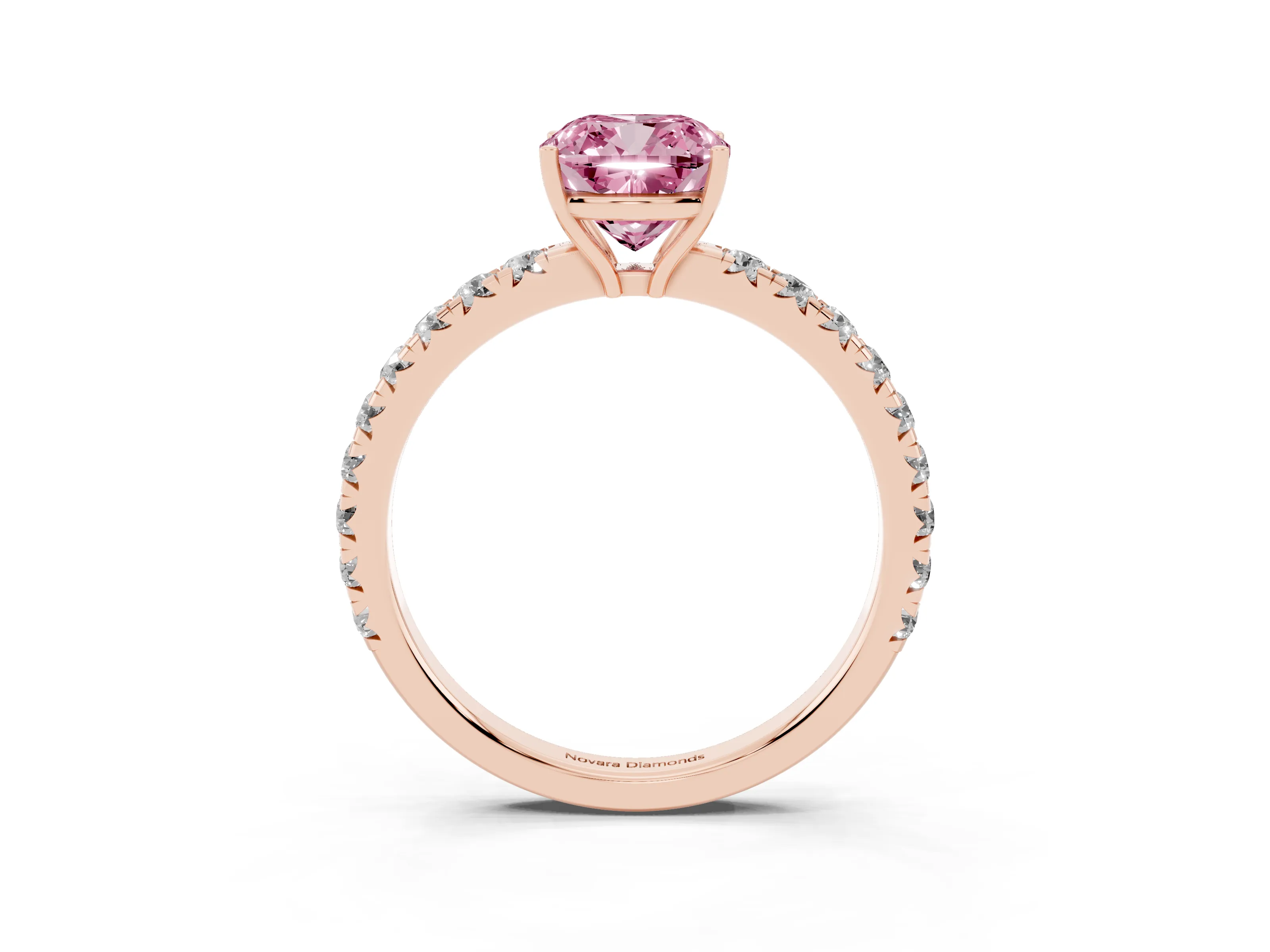 Fancy Pink Cushion Cut Diamond Pavé Solitaire Engagement Ring Set in Rose gold with Prong Setting