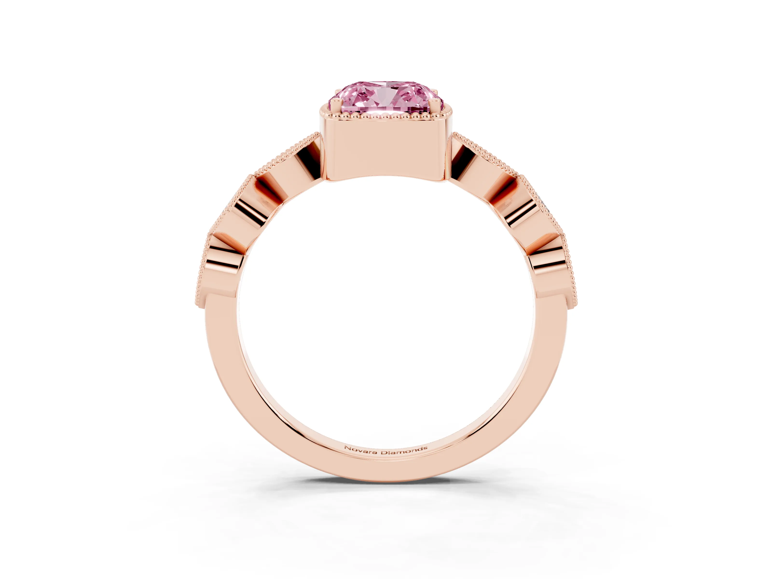 Fancy Pink Cushion Cut Diamond Vintage-Inspired Milgrain Ring Set in Rose gold with Marquise Stations of Round Accents