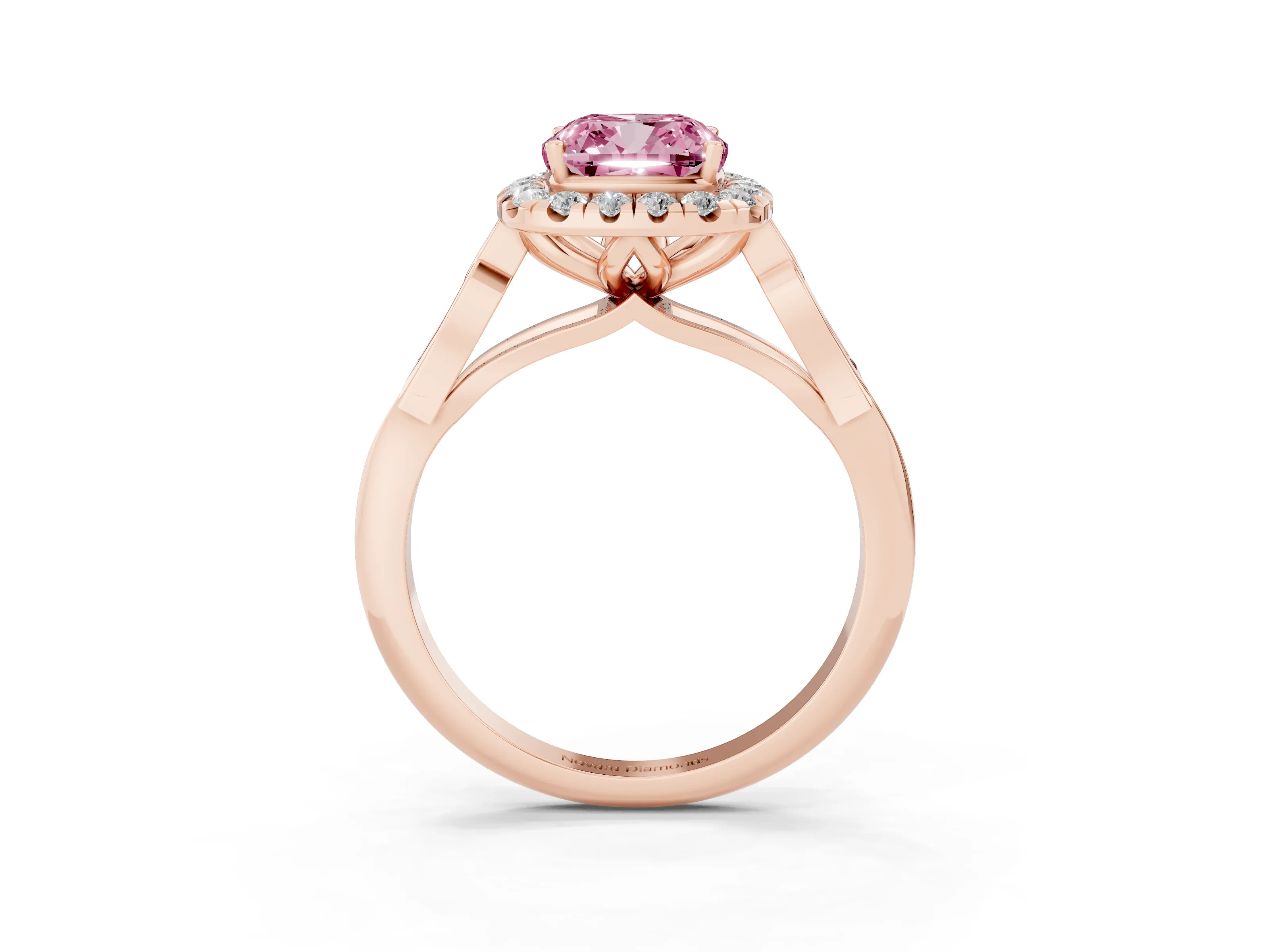 Fancy Pink Cushion Cut Diamond Halo Engagement Ring Set in Rose gold with Filigree Band and Prong-Set Center