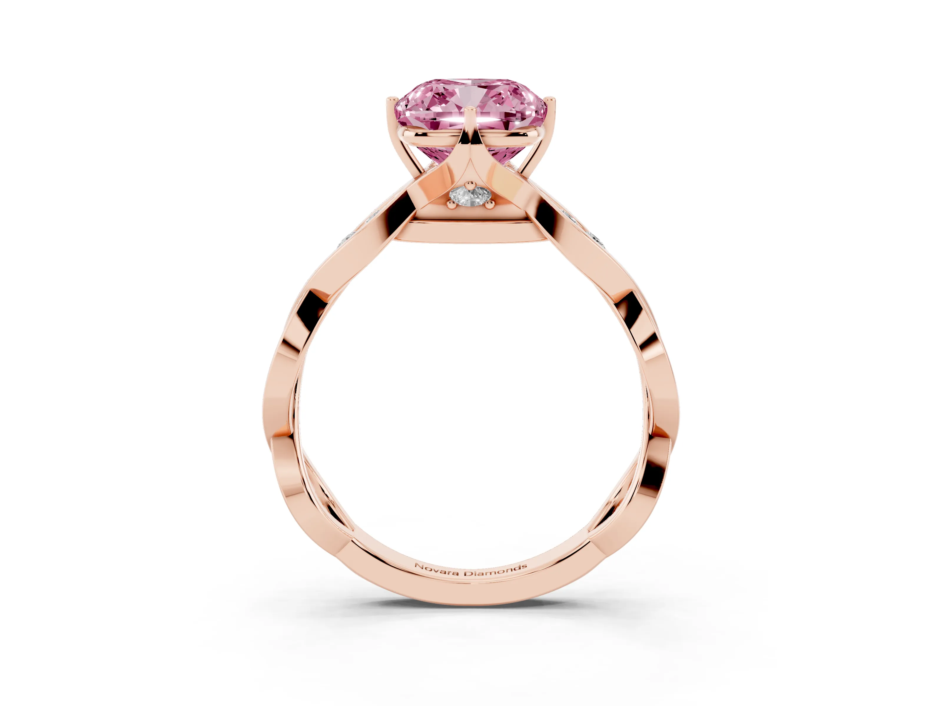 Fancy Pink Cushion Cut Diamond Twist Band Solitaire Ring Set in Rose gold with Leaf Prong Setting and Accent Stones