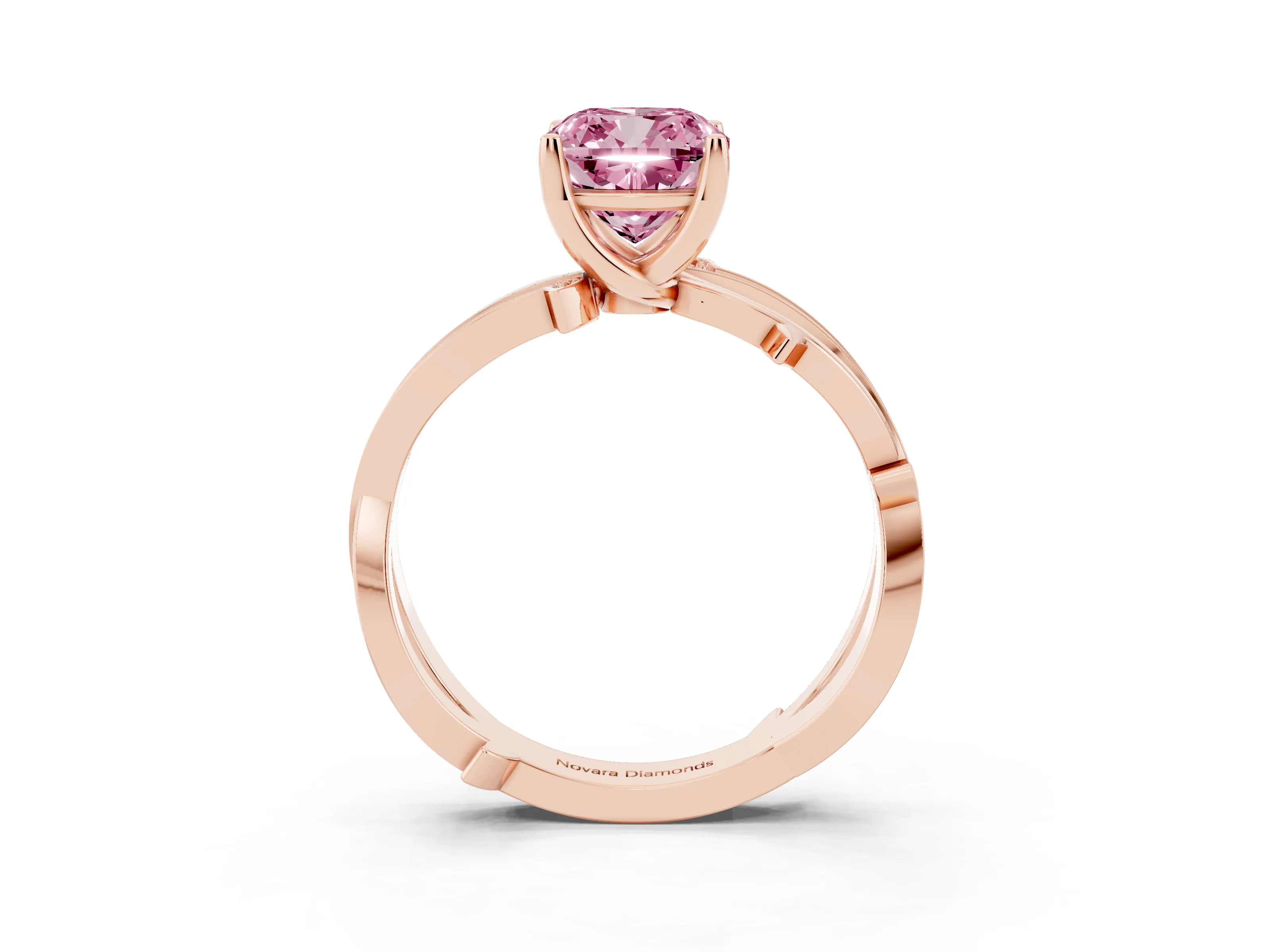 Fancy Pink Cushion Cut Diamond Pavé Twist Band Solitaire Ring Set in Rose gold with Prong Setting