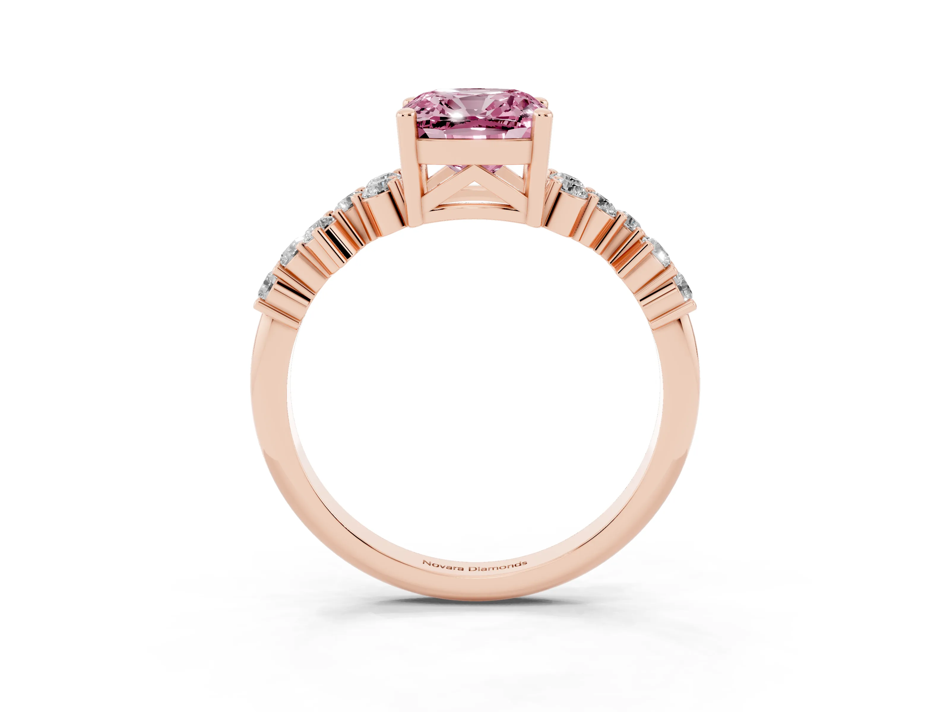 Fancy Pink Cushion Cut Diamond Ring Set in Rose gold with Scattered Round Accents