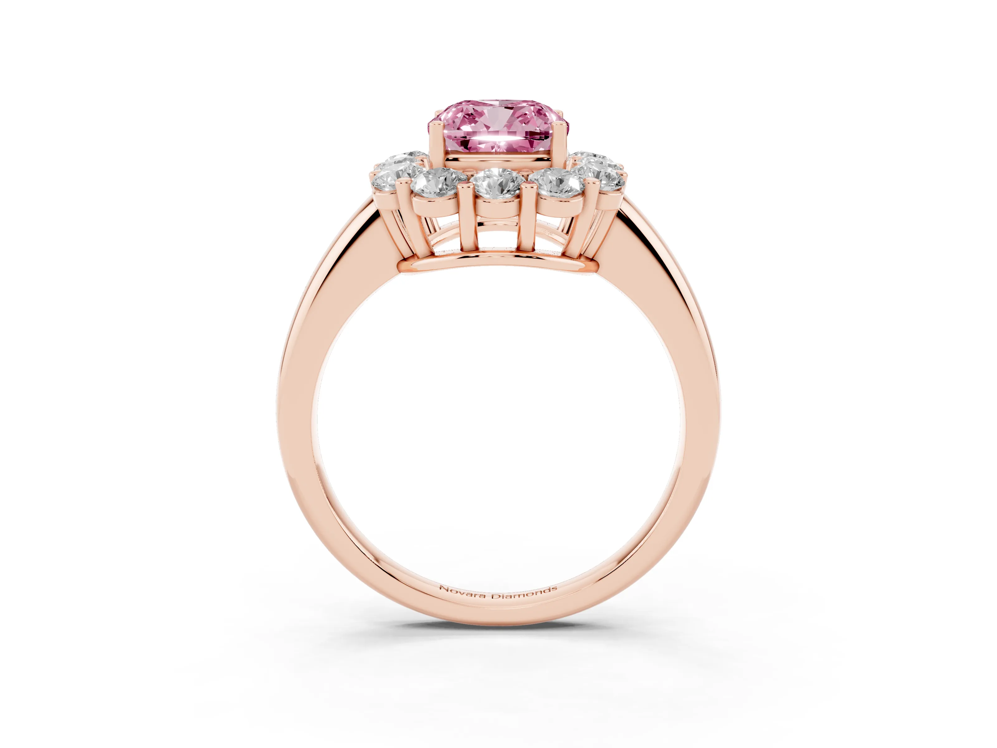 Fancy Pink Cushion Cut Diamond Halo Cluster Engagement Ring Set in Rose gold with Polished Band and Prong Setting