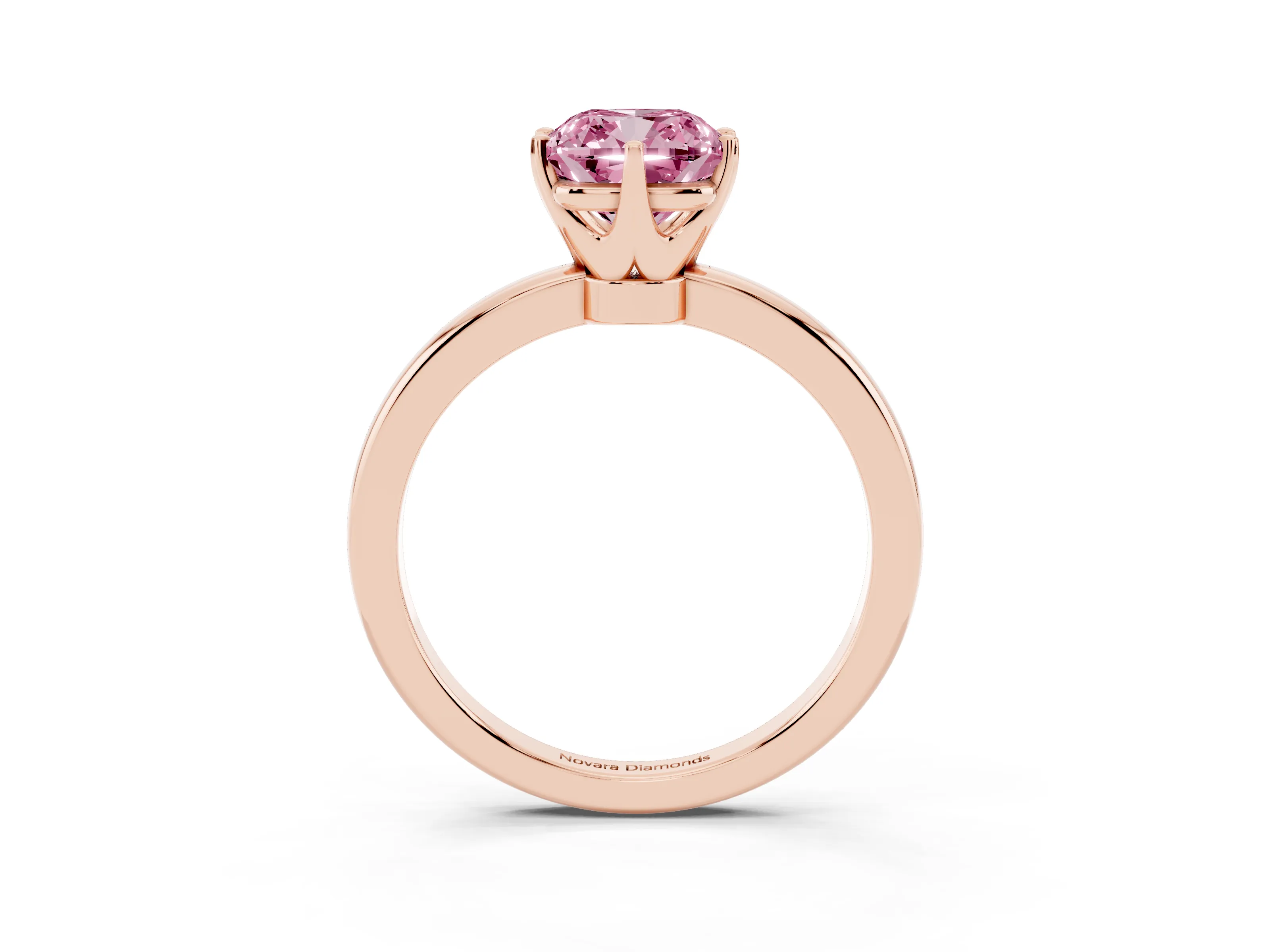 Fancy Pink Cushion Cut Diamond Solitaire Ring Set in Rose gold with Raised Prong Setting on a Classic Band