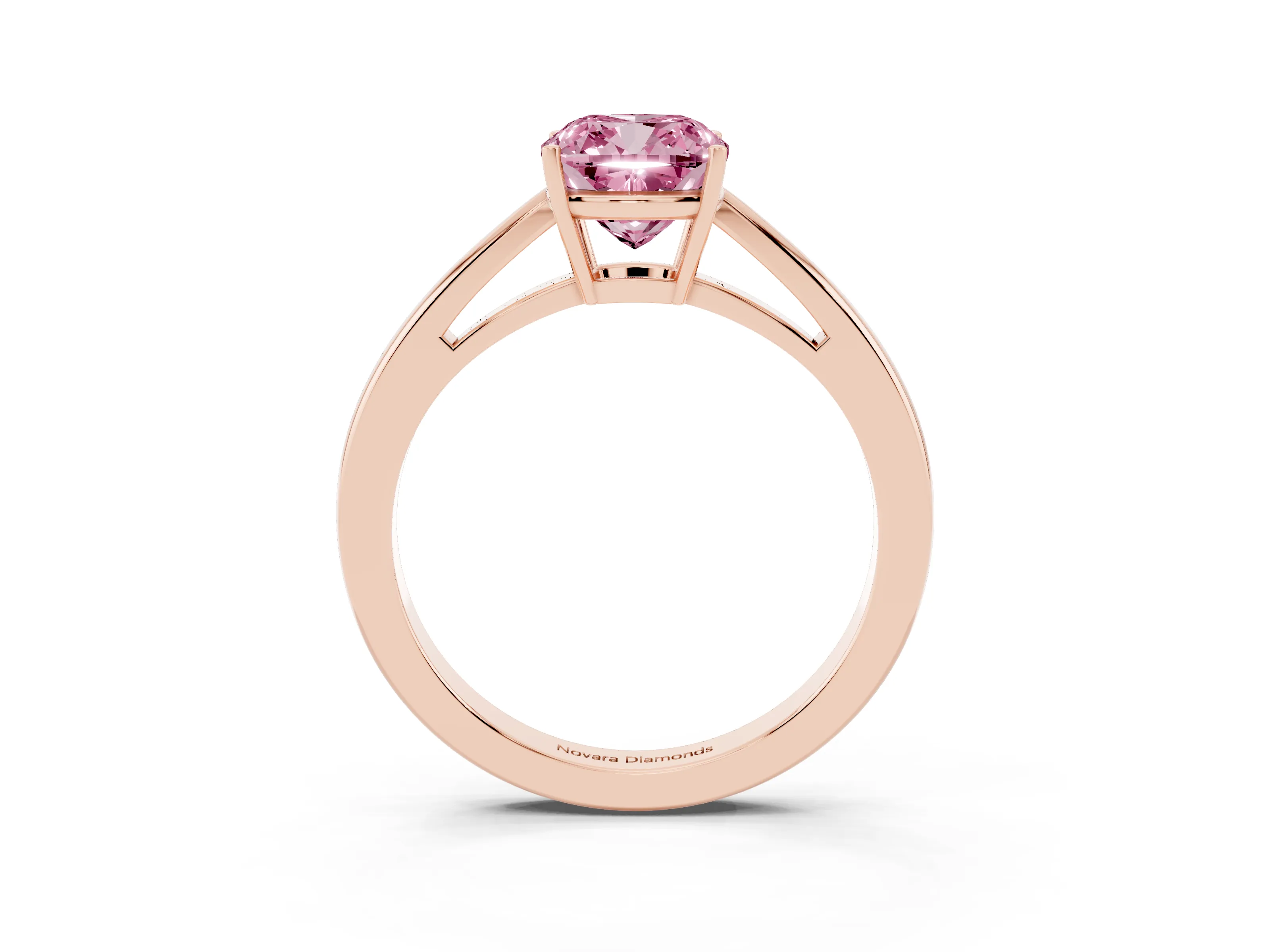 Fancy Pink Cushion Cut Diamond Solitaire Ring Set in Rose gold with Split Shank and Prong Setting