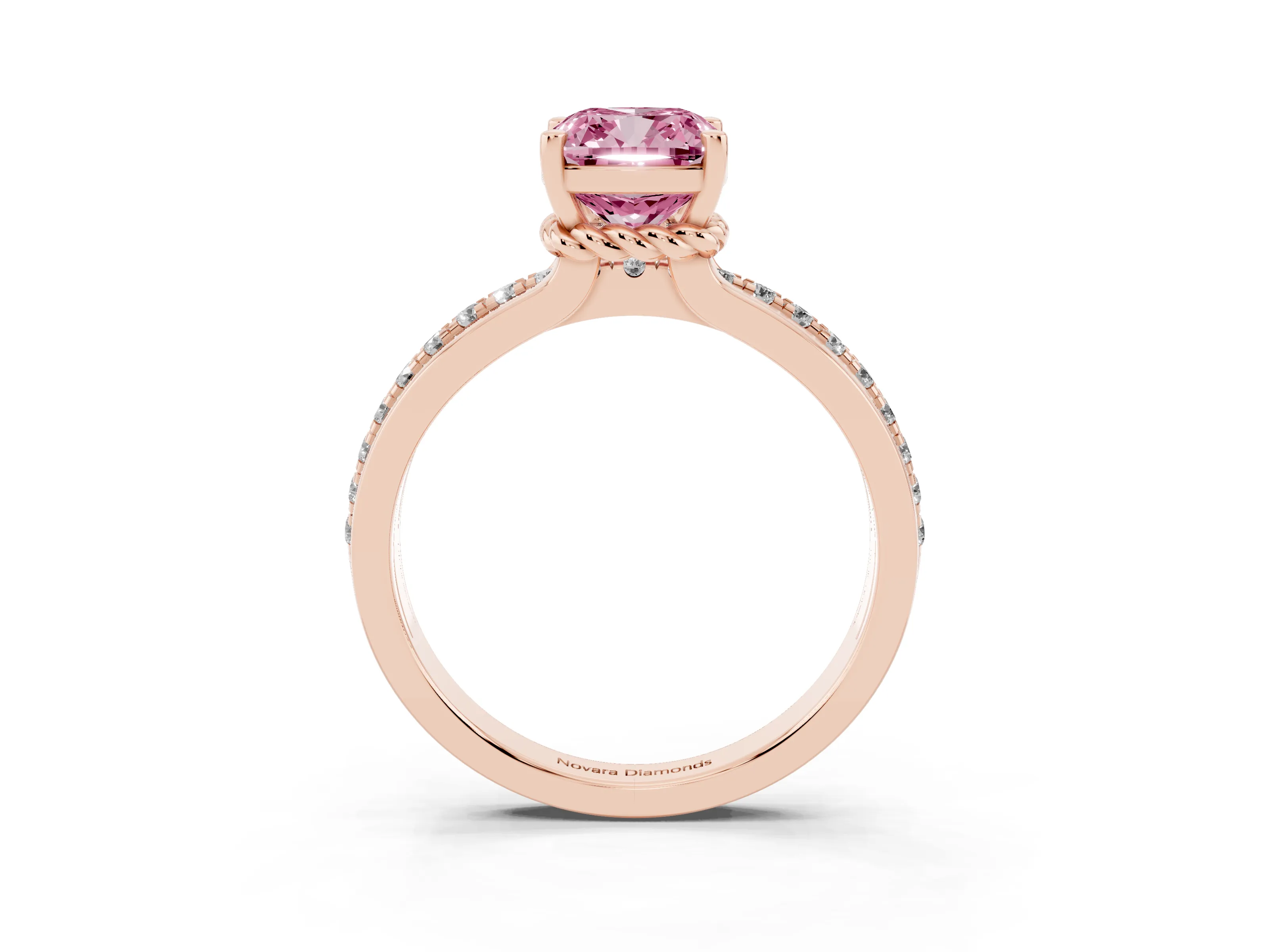 Fancy Pink Cushion Cut Diamond Solitaire Ring Set in Rose gold with Channel Set Band and Prong Setting