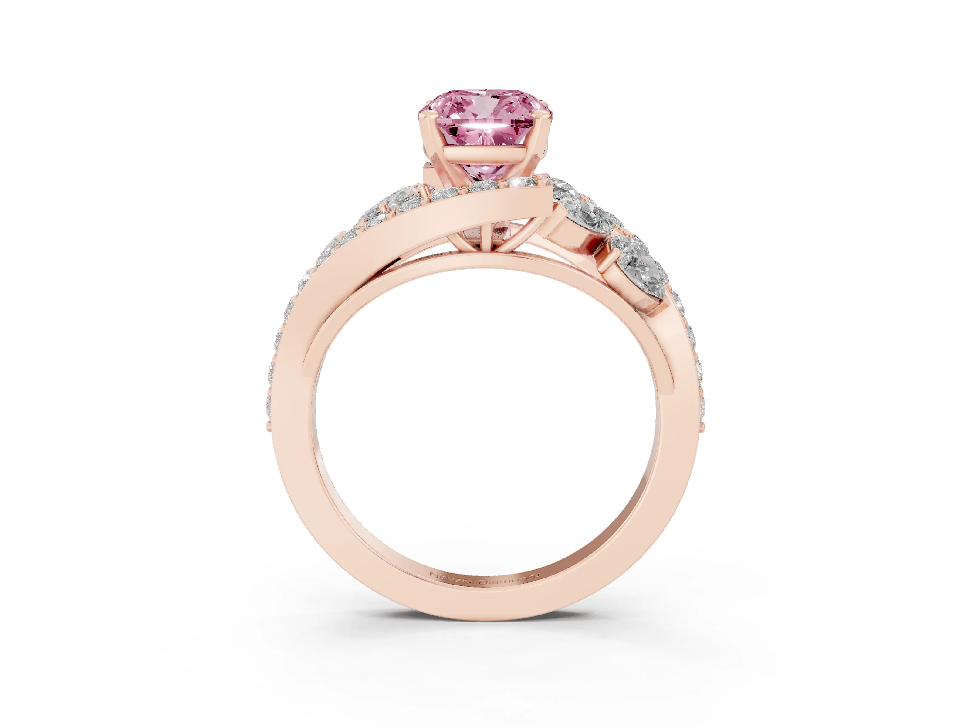 Fancy Pink Cushion Cut Diamond Halo Ring Set in Rose gold with Marquise and Pavé Band in Prong Setting
