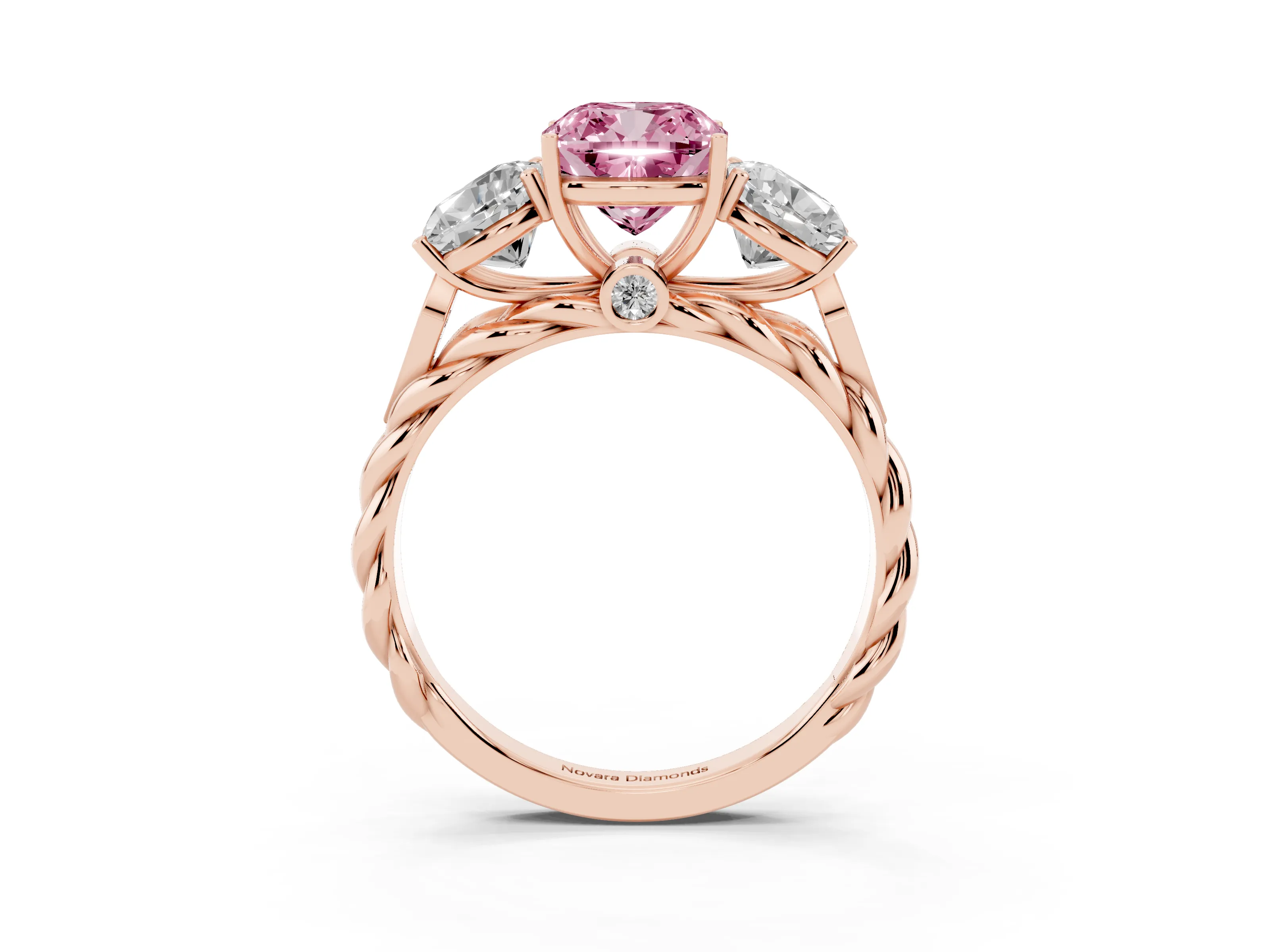 Fancy Pink Cushion Cut Diamond Three-Stone Ring Set in Rose gold with Braided Band
