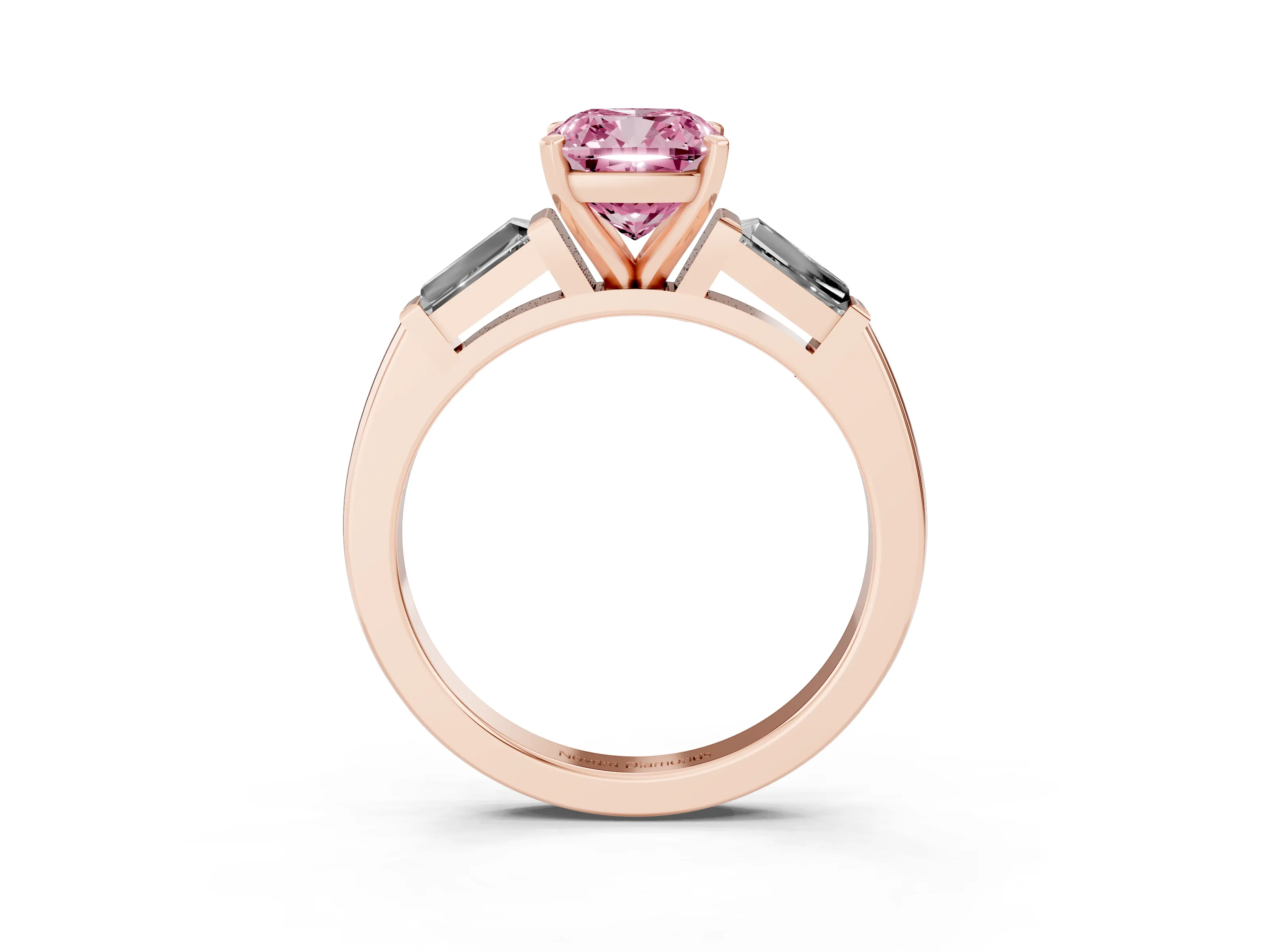Fancy Pink Cushion Cut Diamond Solitaire Ring Set in Rose gold with Tapered Baguette Side Stones and Prong Setting