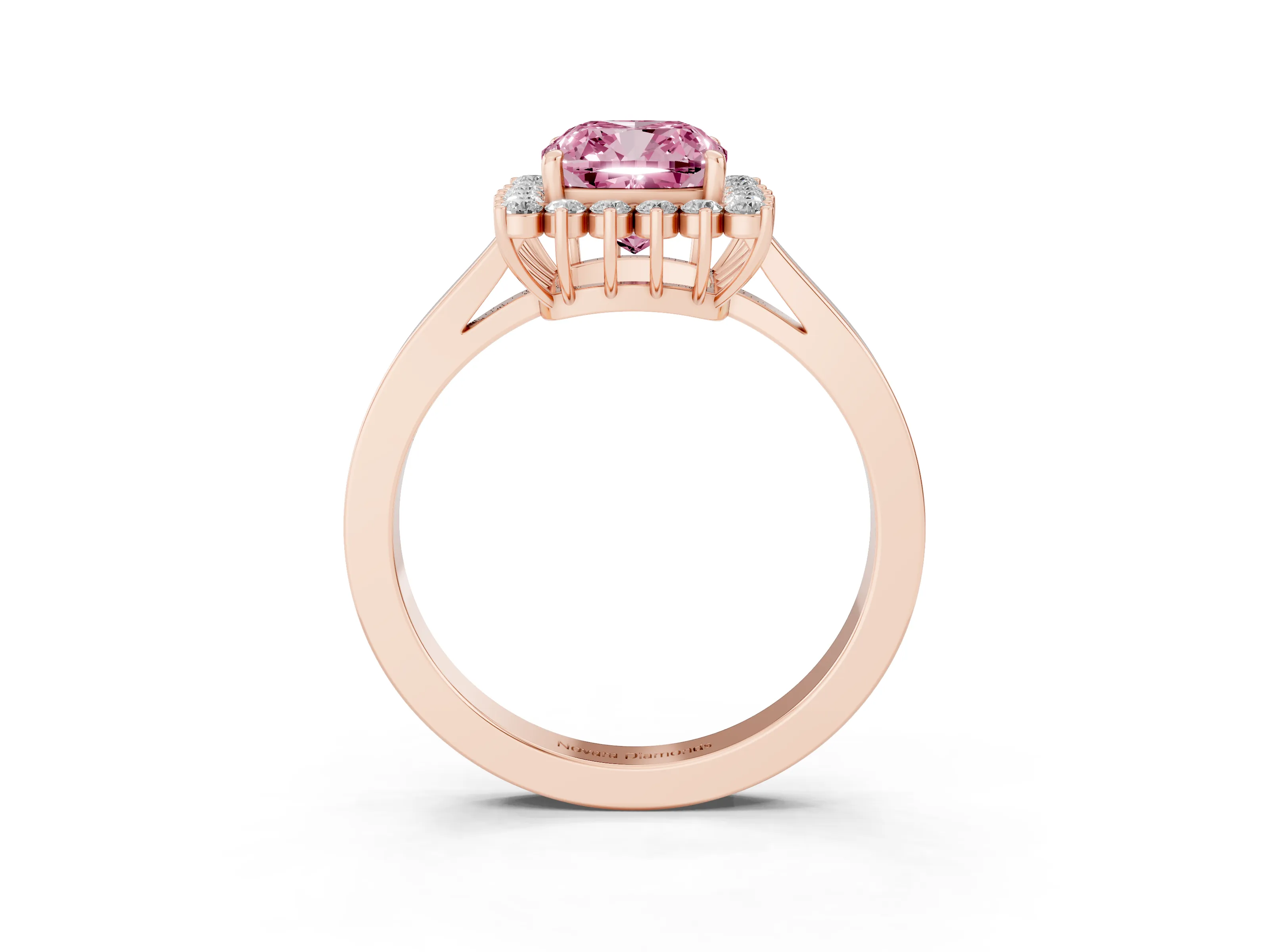 Fancy Pink Cushion Cut Diamond Halo Ring Set in Rose gold with Round Halo and Smooth Solitaire Band