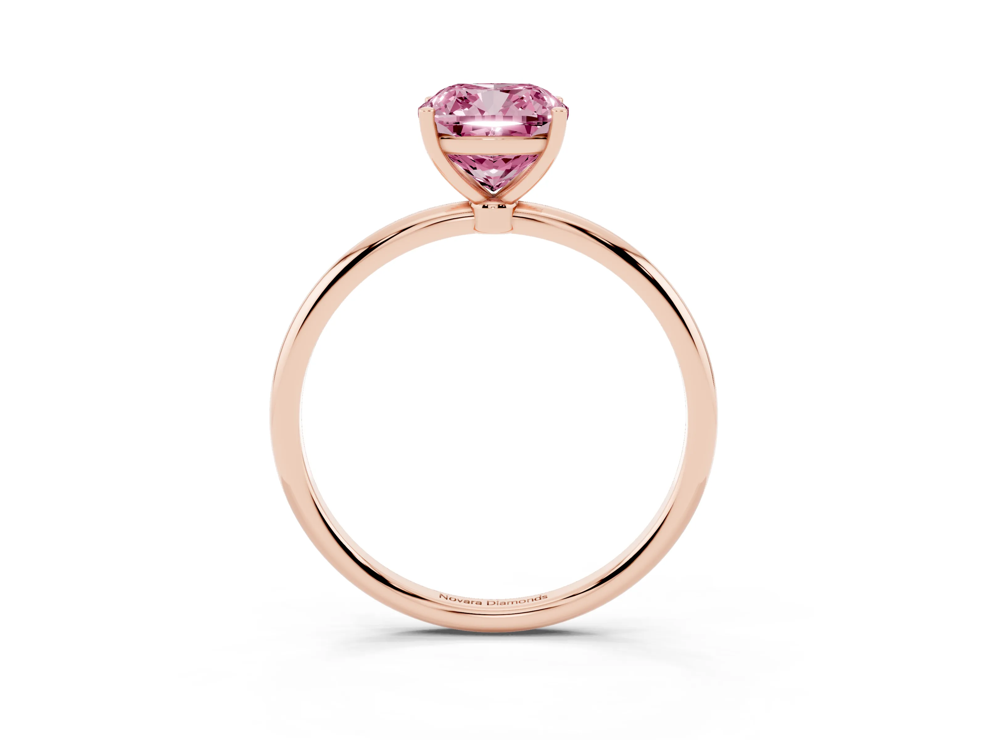 Fancy Pink Cushion Cut Diamond Solitaire Engagement Ring Set in Rose gold with Thin Band and Prong Setting