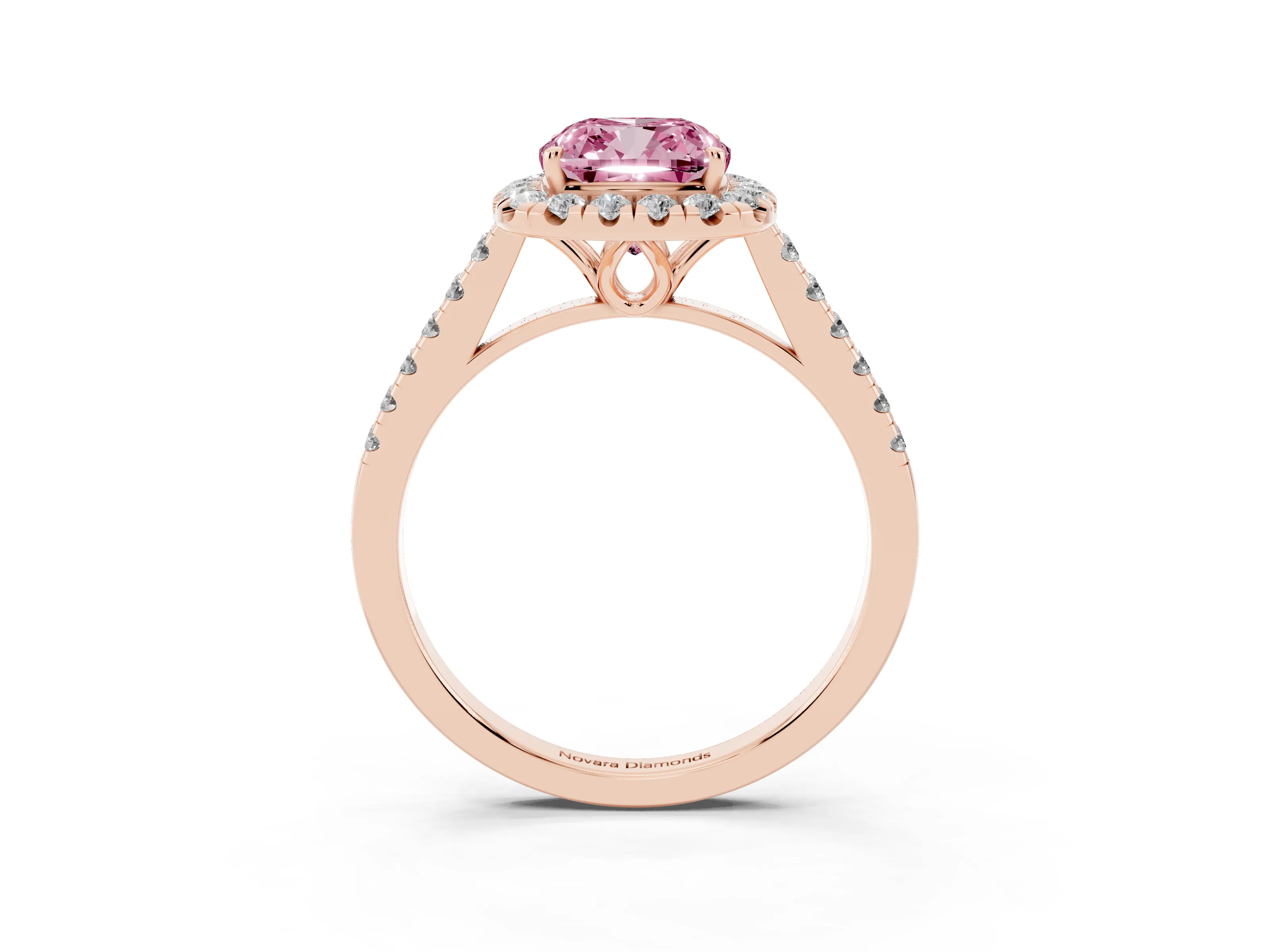 Fancy Pink Cushion Cut Diamond Pavé Halo Engagement Ring Set in Rose gold with Pavé Band and Prong Setting