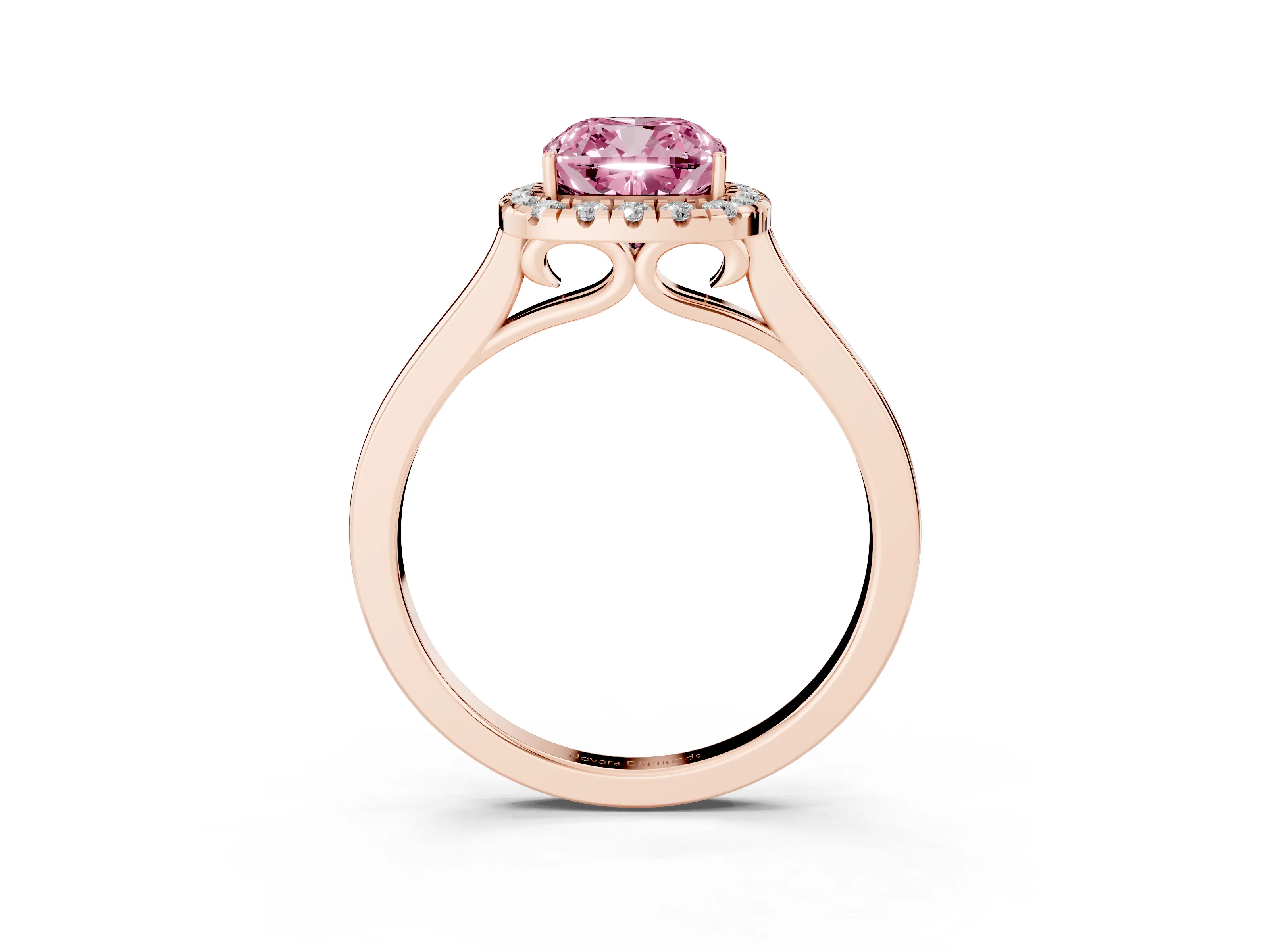 Fancy Pink Cushion Cut Halo Round Diamond Solitaire Ring Set in Rose gold with Pavé Band and Prong Setting