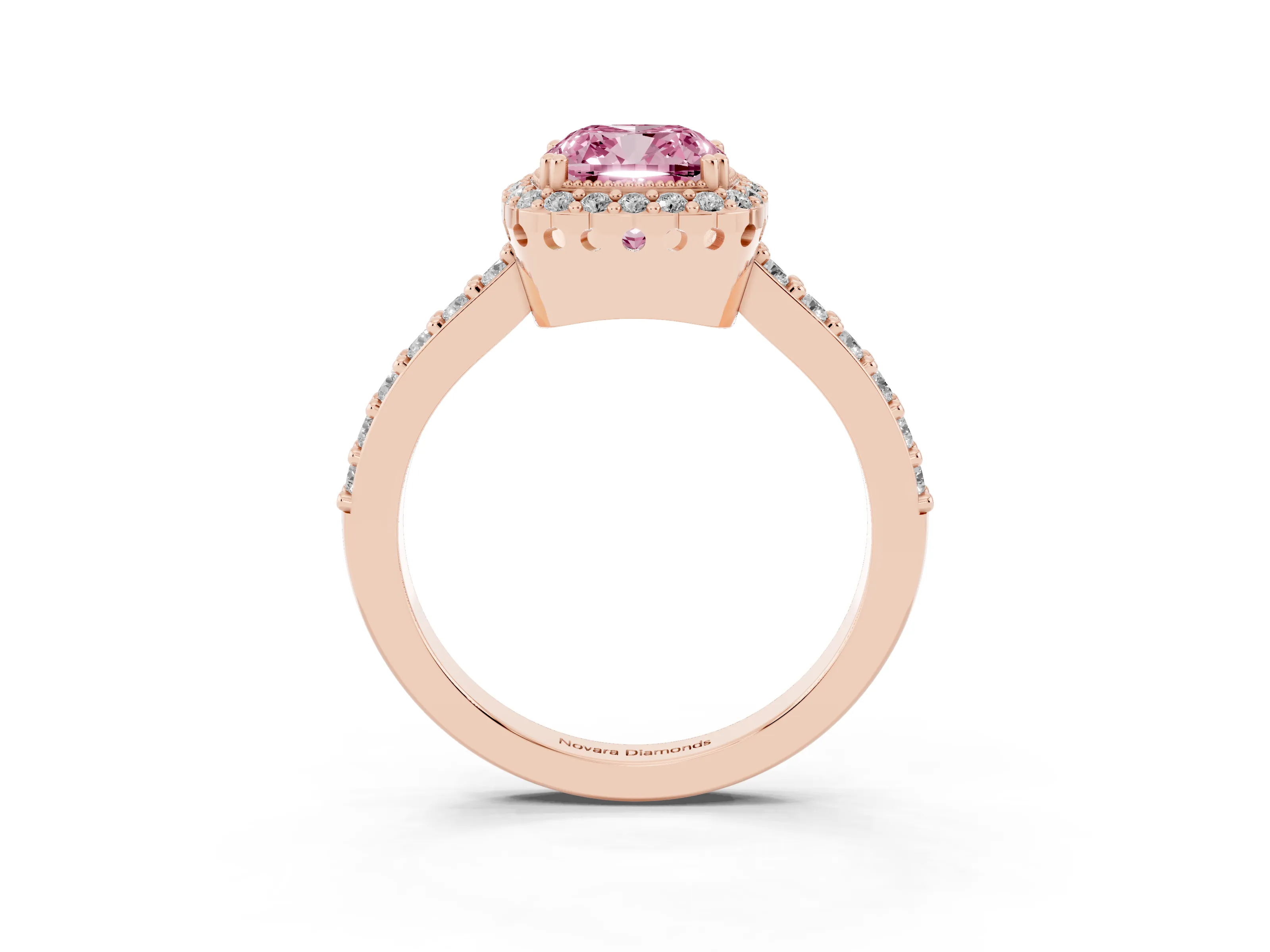 Fancy Pink Cushion Cut Diamond Halo Engagement Ring Set in Rose gold with Milgrain Detail and Pavé Band