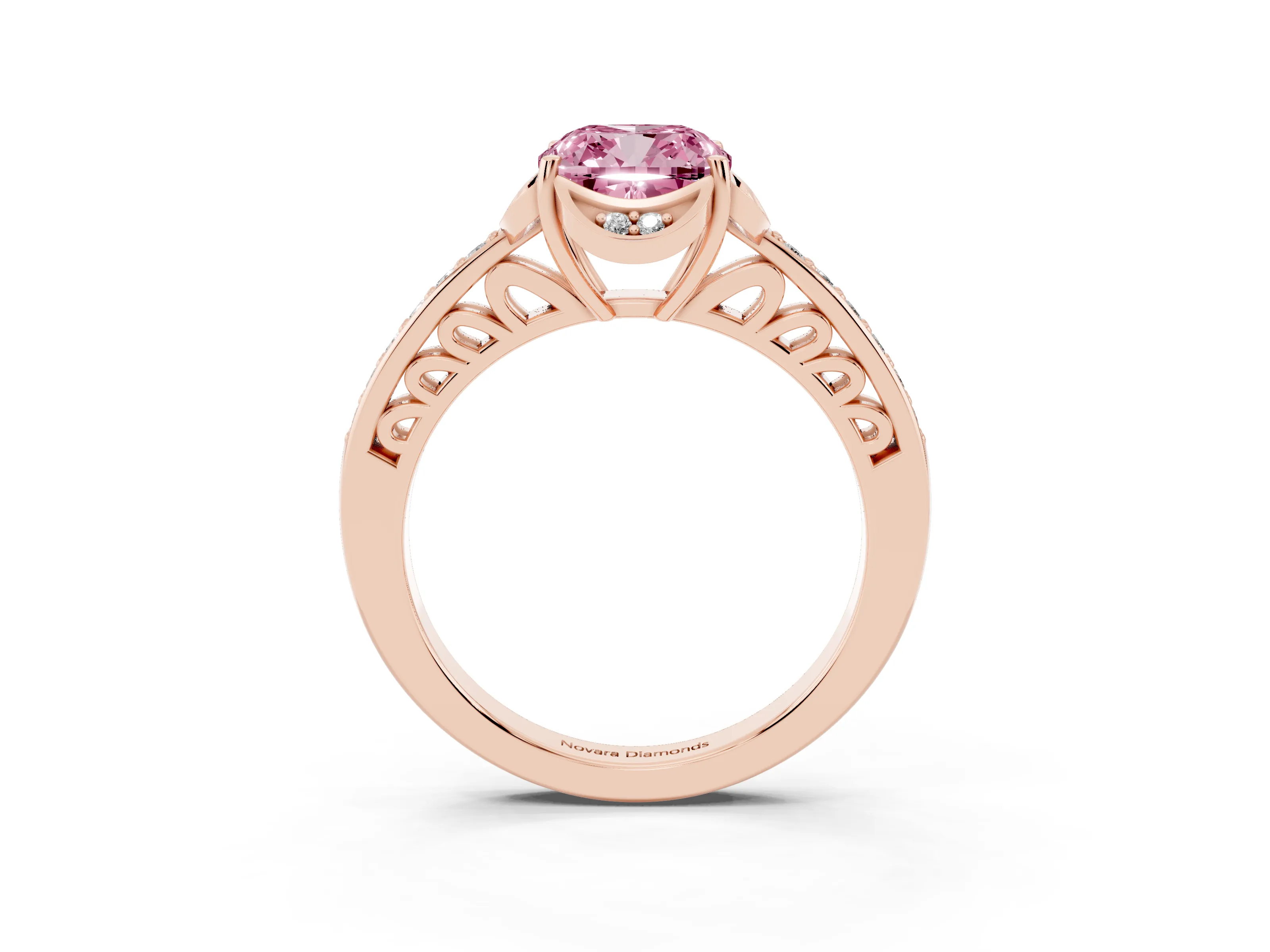 Fancy Pink Cushion Cut Diamond Halo Ring Set in Rose gold with Channel Set Band and Prong Setting