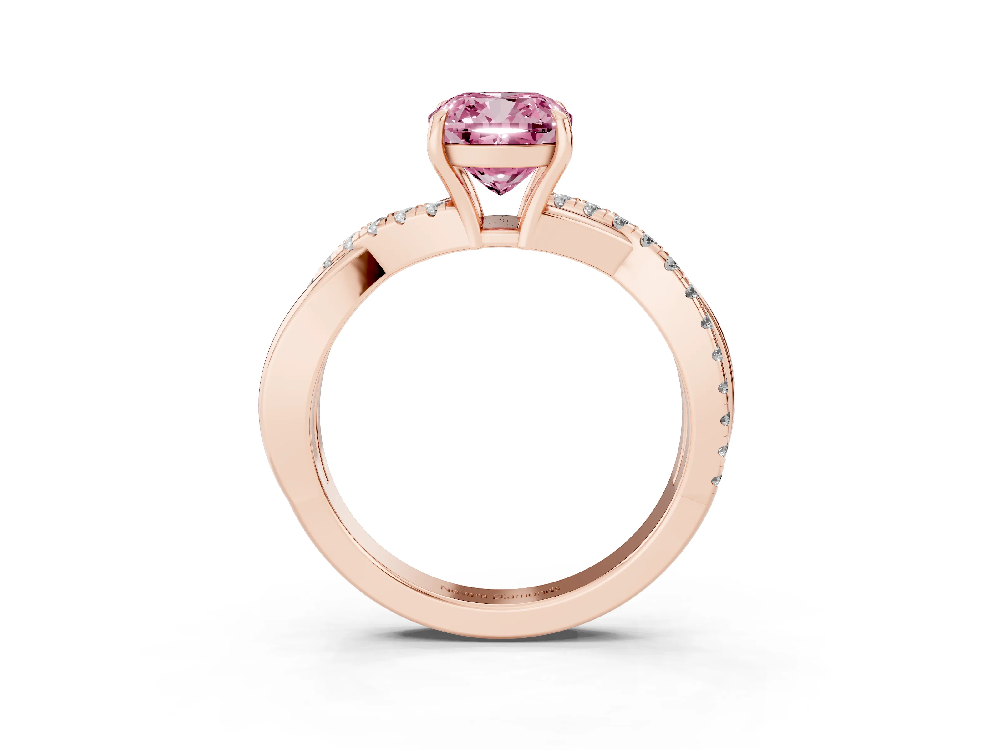 Fancy Pink Cushion Cut Diamond Twisted Pavé Band Ring Set in Rose gold with Prong Setting
