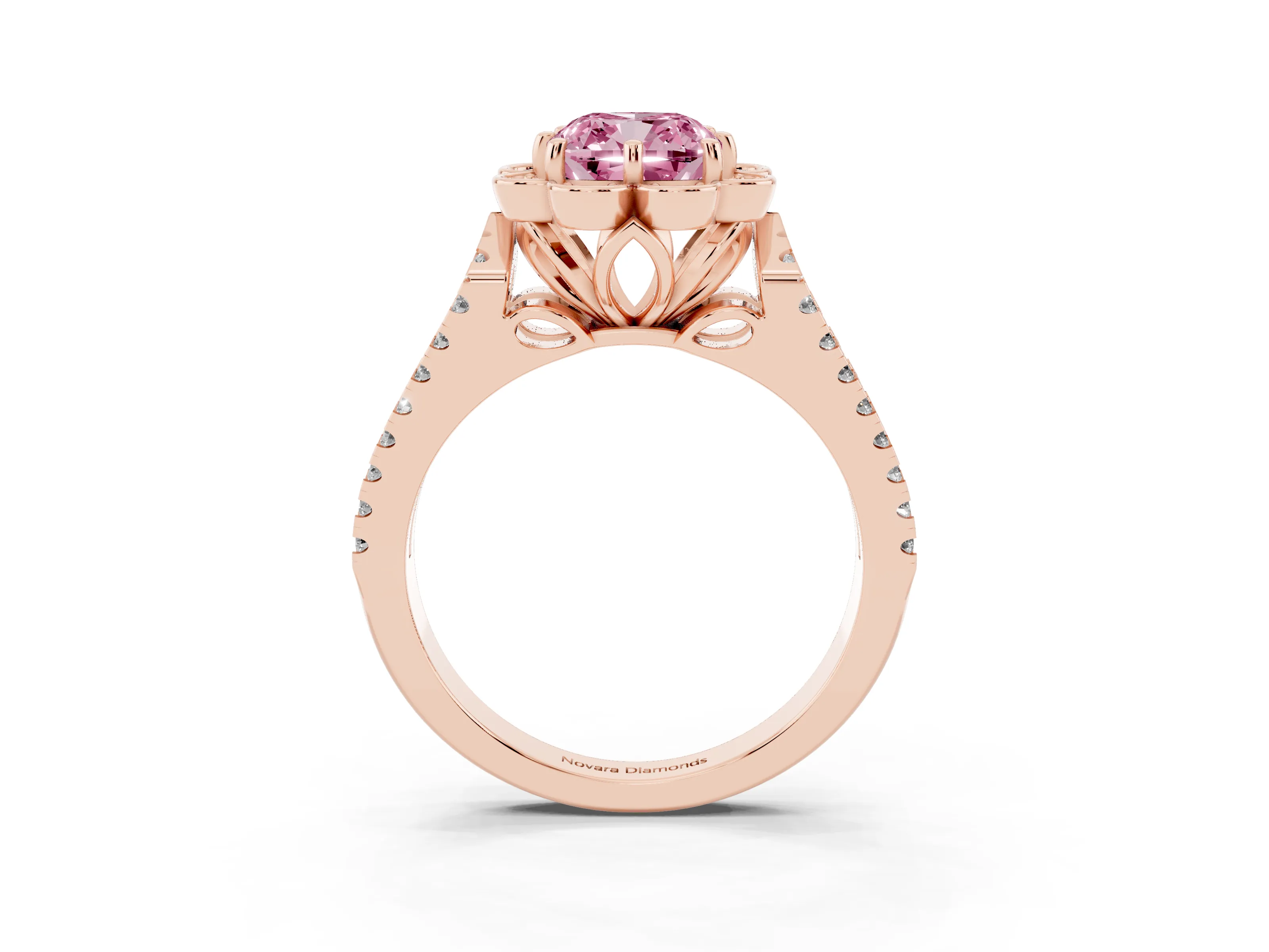 Fancy Pink Cushion Cut Diamond Floral Halo Split Shank Engagement Ring Set in Rose gold with Pavé Shank