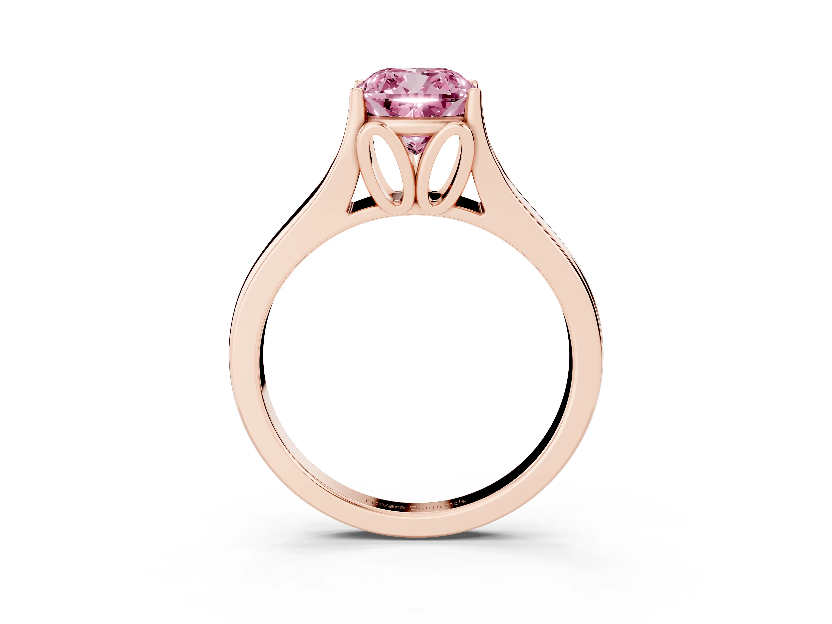 Fancy Pink Cushion Cut Diamond Solitaire Ring Set in Rose gold with Arched Cathedral Band and Prong Setting
