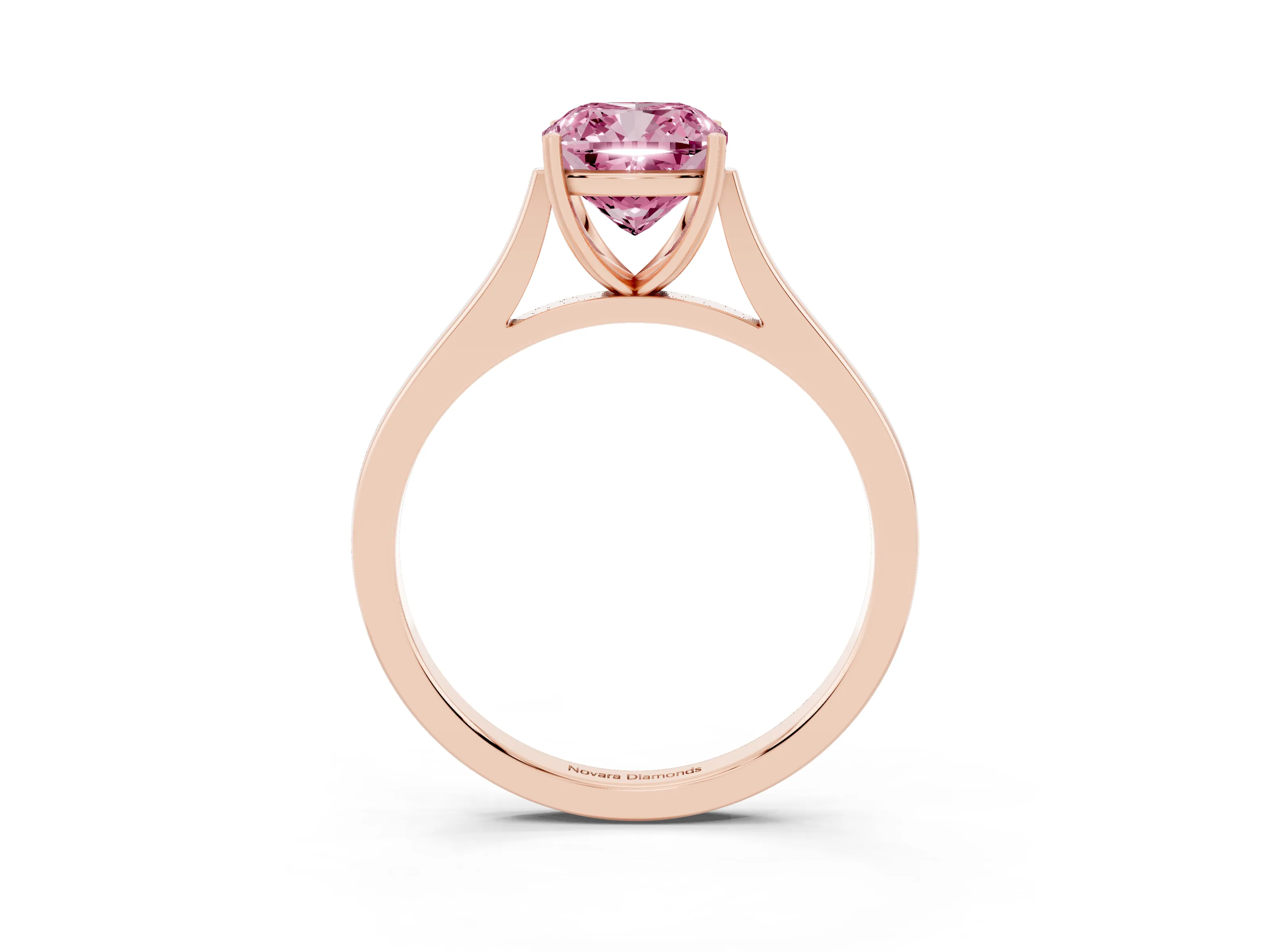 Fancy Pink Cushion Cut Diamond Solitaire Heart Prong Engagement Ring Set in Rose gold with Tapered Band