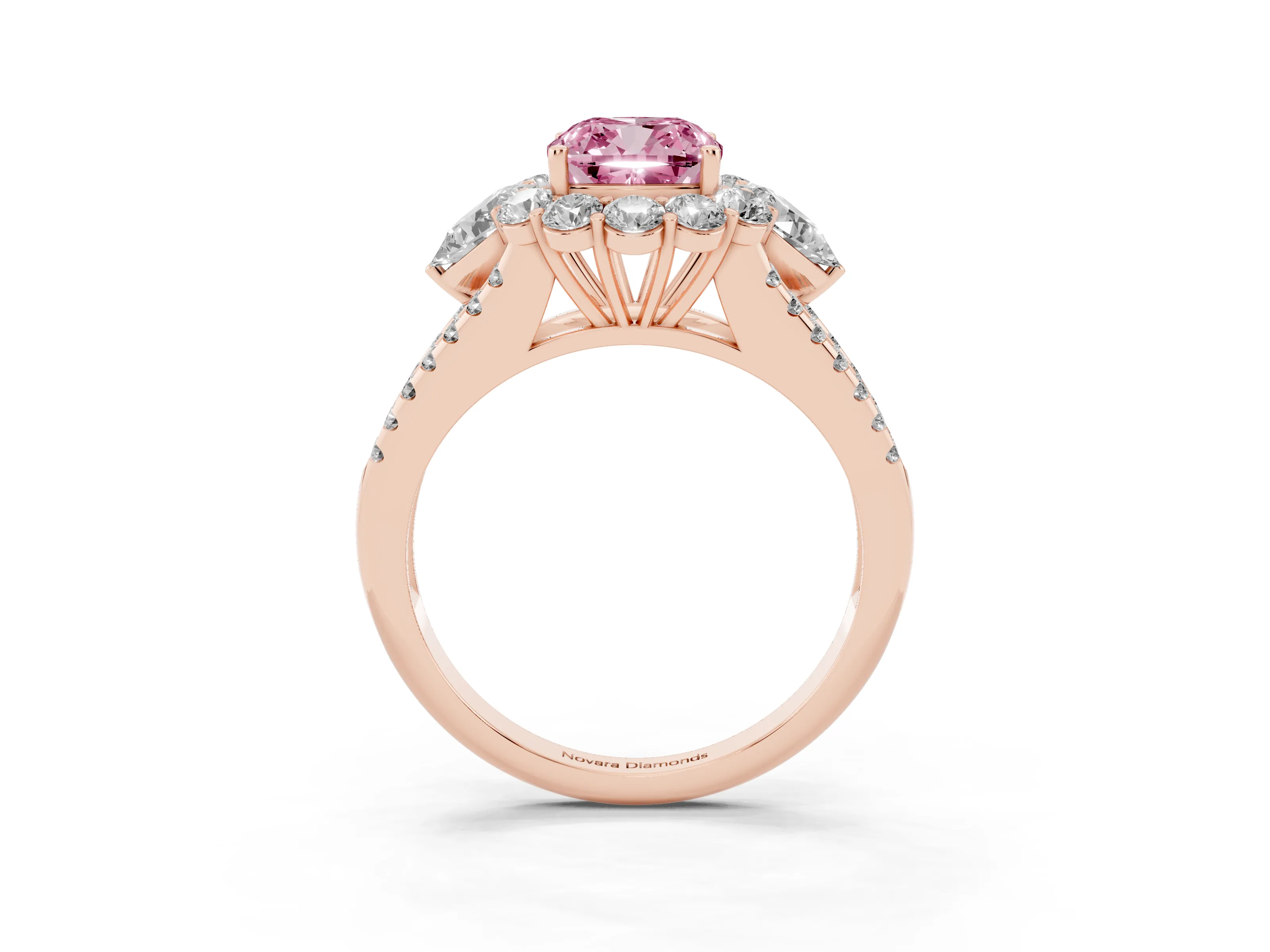 Fancy Pink Cushion Cut Diamond Halo Split Shank Engagement Ring Set in Rose gold with Prong-Held Center Stone