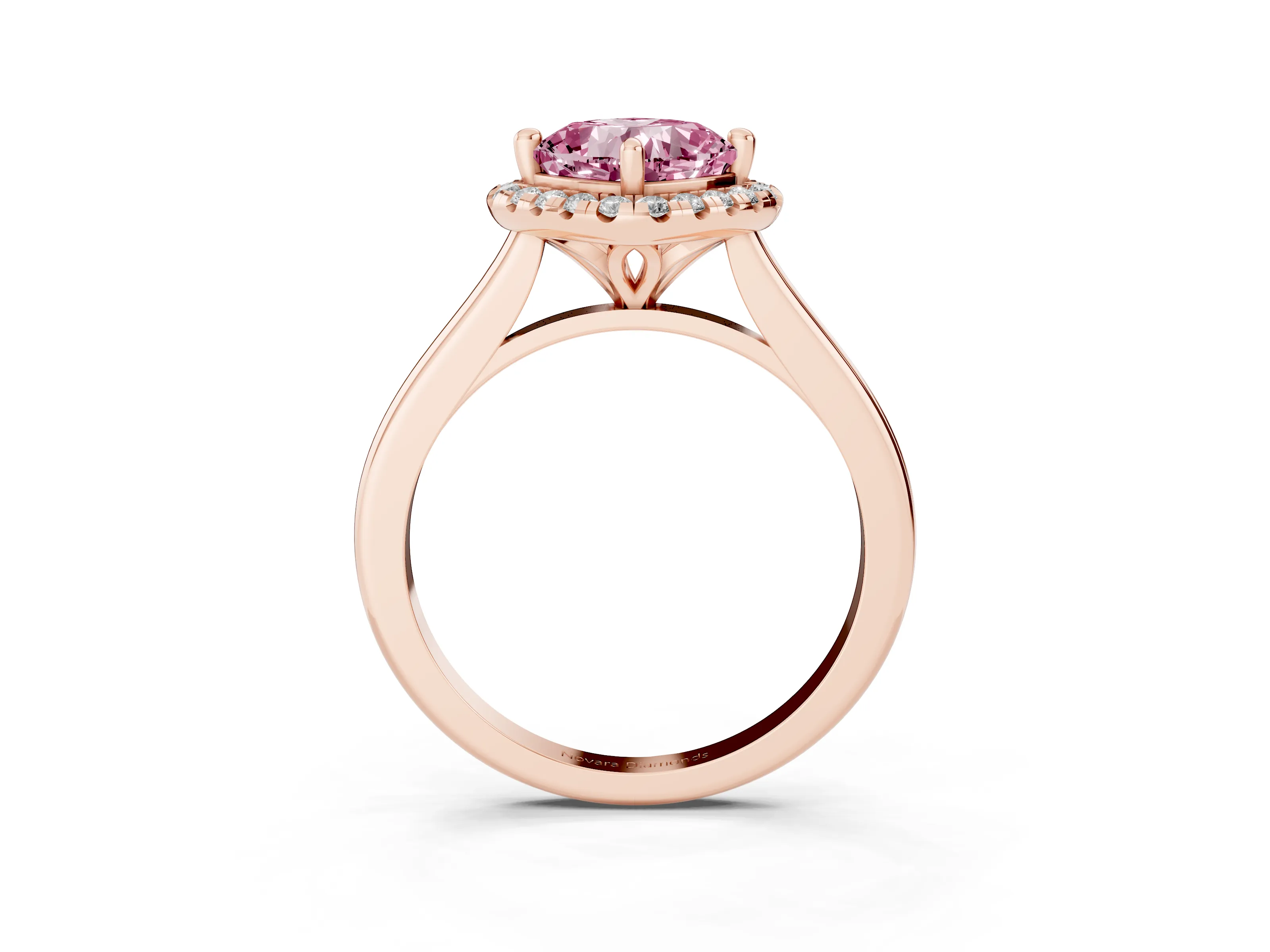 Fancy Pink Cushion Cut Diamond Halo Engagement Ring Set in Rose gold with Pavé Band and Rising Shoulders