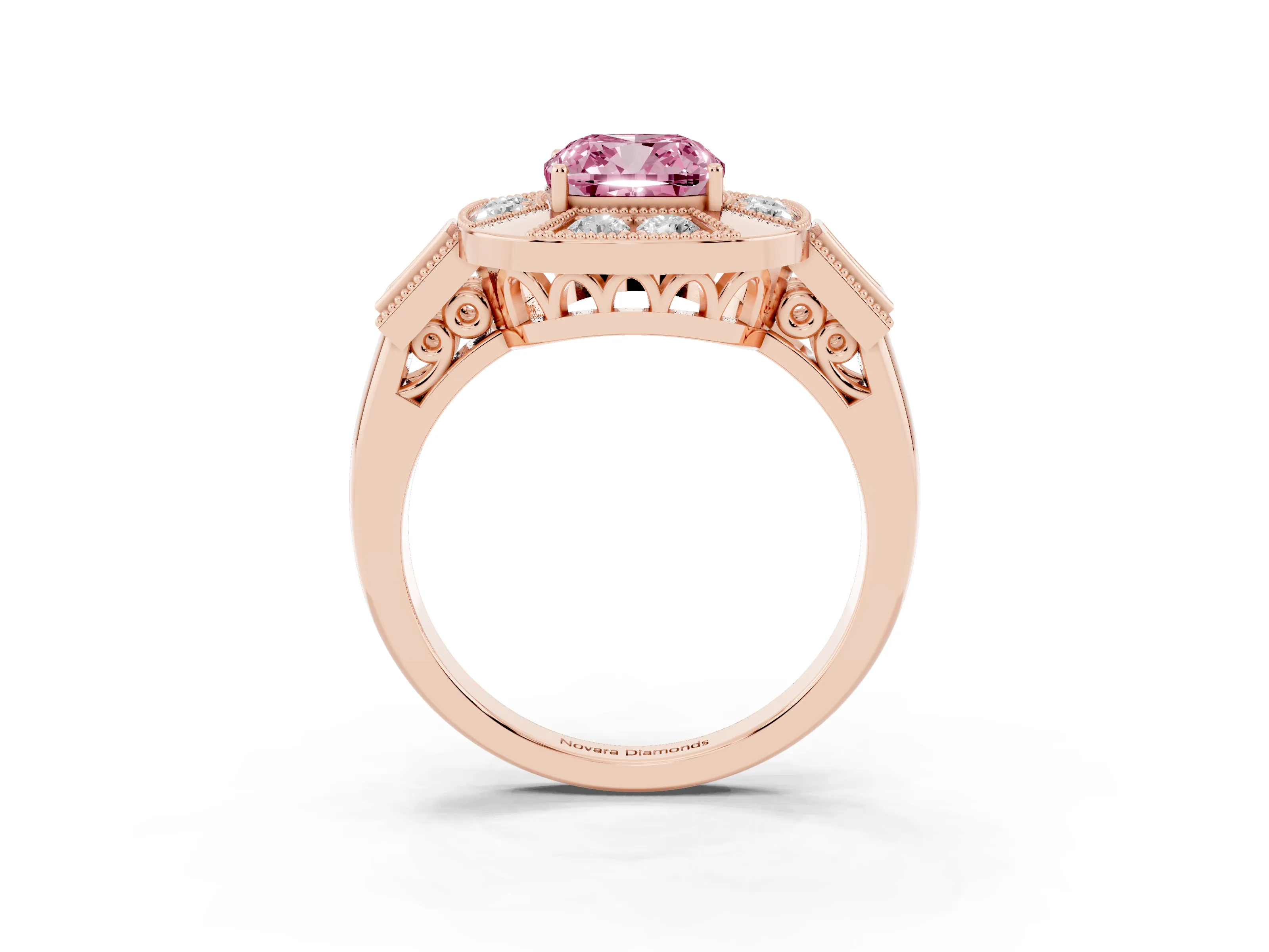 Fancy Pink Cushion Cut Diamond Milgrain Halo Ring Set in Rose gold with Split Shank