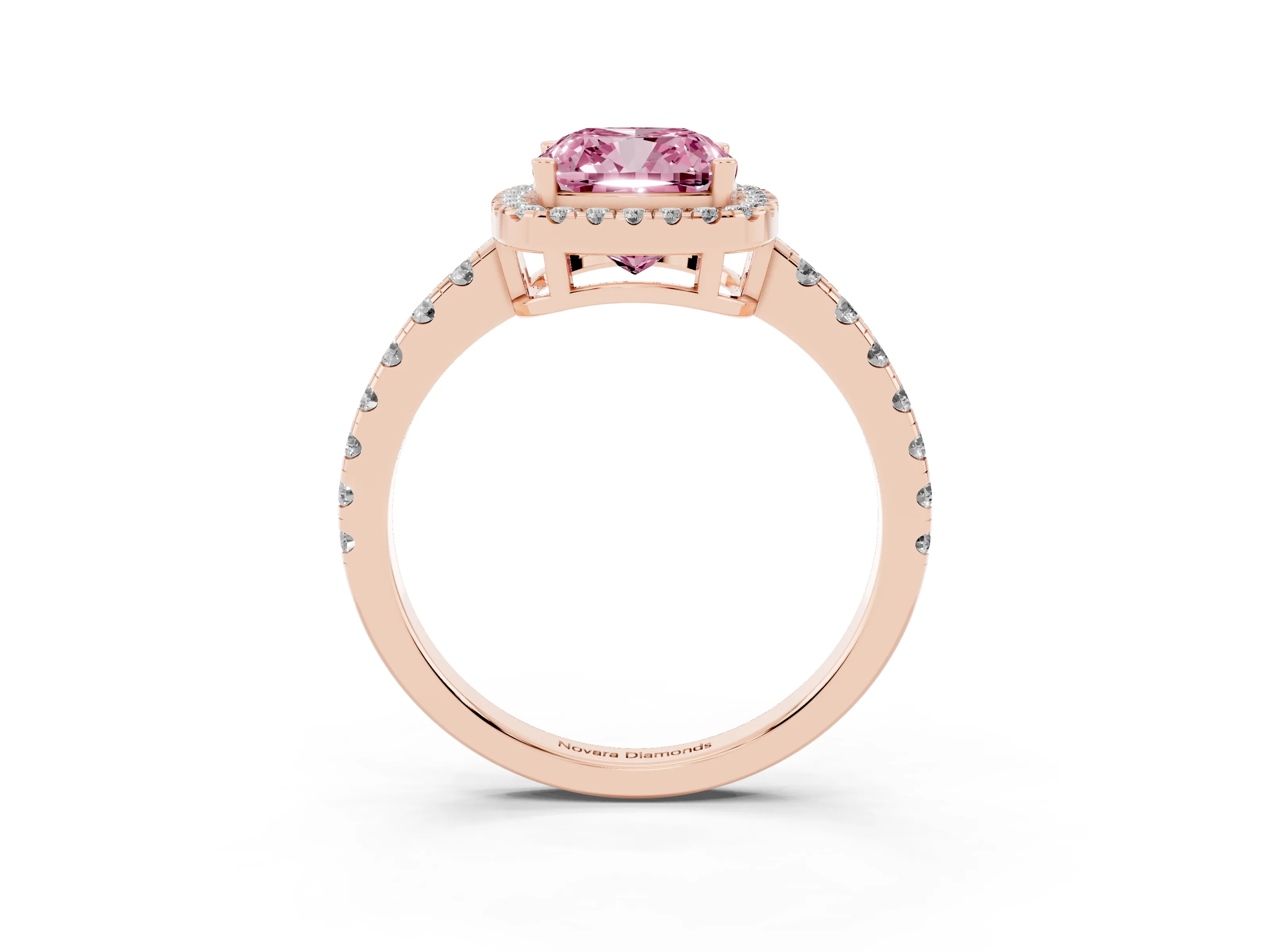 Fancy Pink Cushion Cut Diamond Halo Ring Set in Rose gold with Delicate Pavé Band and Prong Setting